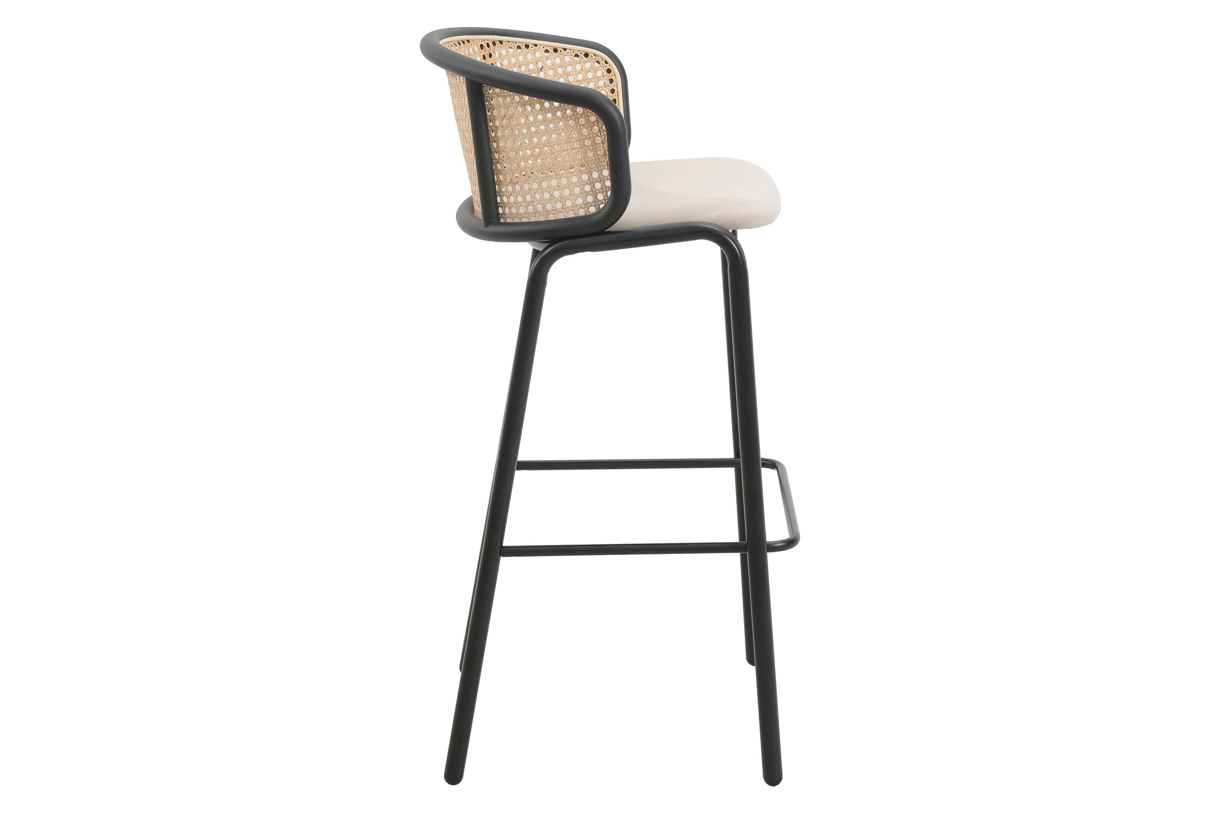 LeisureMod Ervilla Mid-Century Modern Wicker Bar Stool with Fabric Seat and Black Powder Coated Steel Frame - Beige