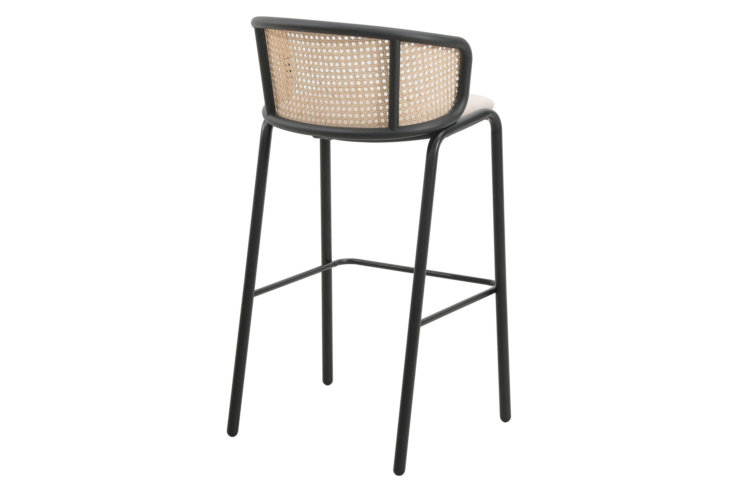 LeisureMod Ervilla Mid-Century Modern Wicker Bar Stool with Fabric Seat and Black Powder Coated Steel Frame - Beige