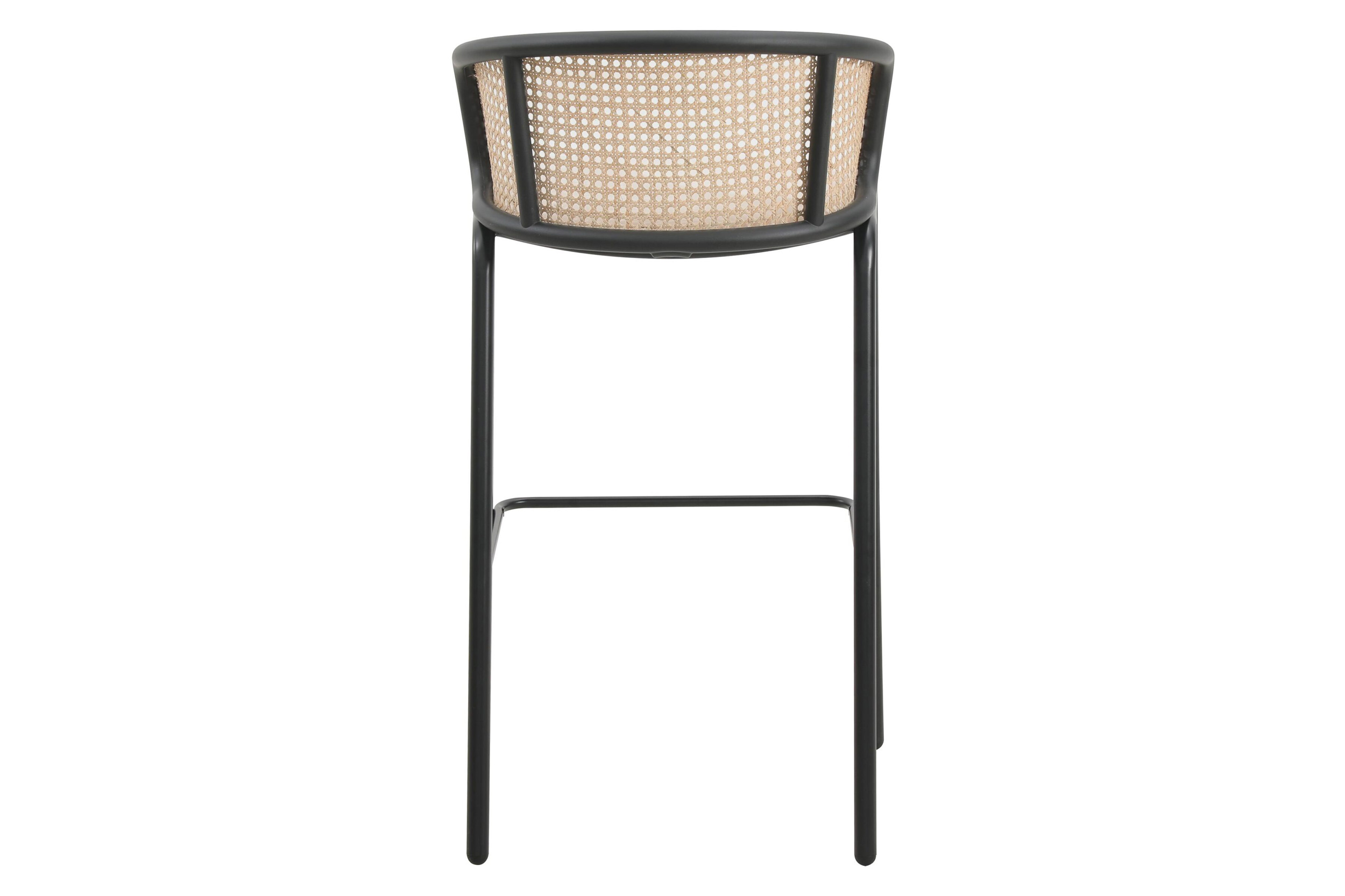 LeisureMod Ervilla Mid-Century Modern Wicker Bar Stool with Fabric Seat and Black Powder Coated Steel Frame - Beige