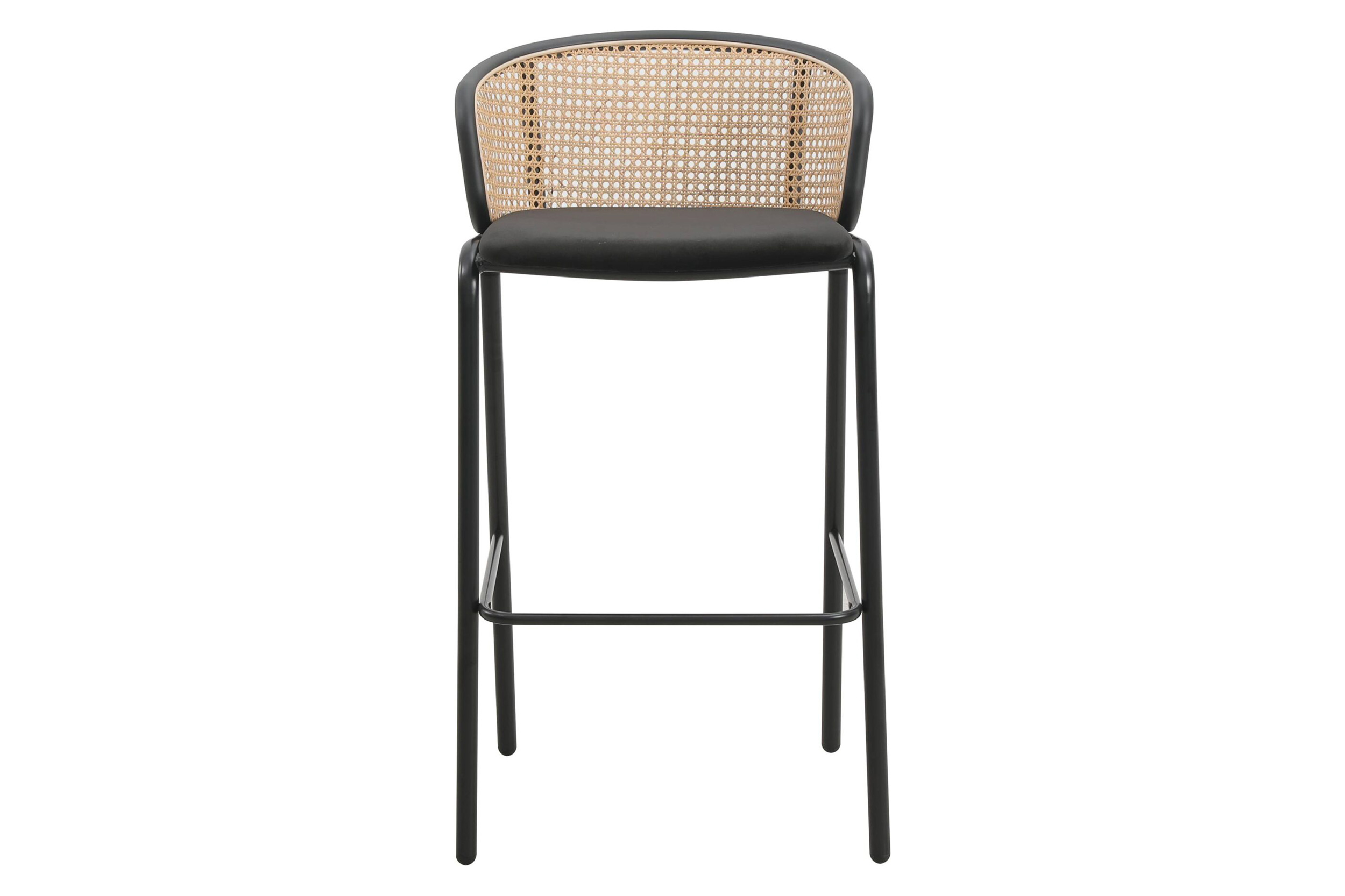 LeisureMod Ervilla Mid-Century Modern Wicker Bar Stool with Fabric Seat and Black Powder Coated Steel Frame - Black