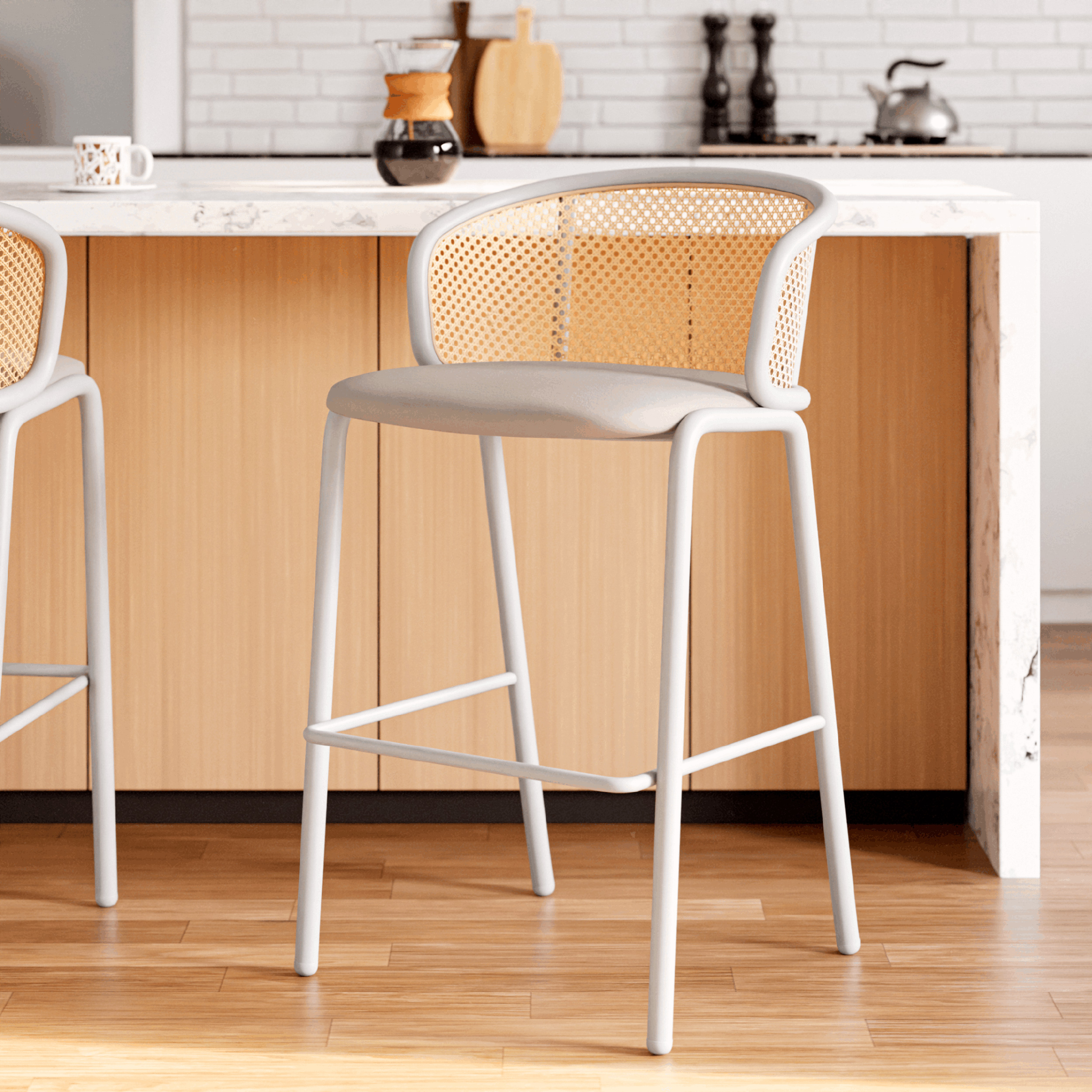 LeisureMod Ervilla Mid-Century Modern Wicker Bar Stool with Fabric Seat and White Powder Coated Steel Frame - Beige