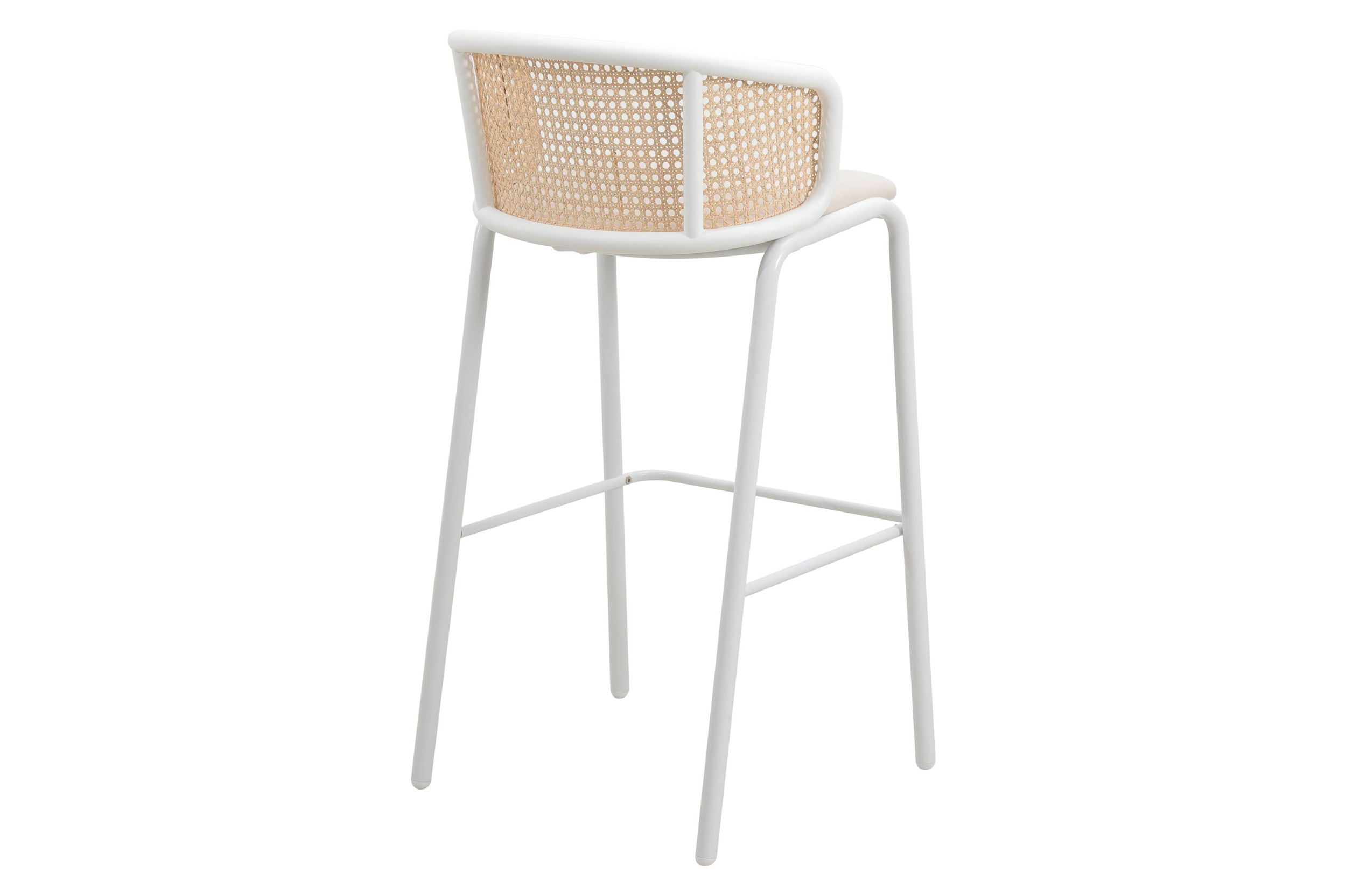 LeisureMod Ervilla Mid-Century Modern Wicker Bar Stool with Fabric Seat and White Powder Coated Steel Frame - Beige