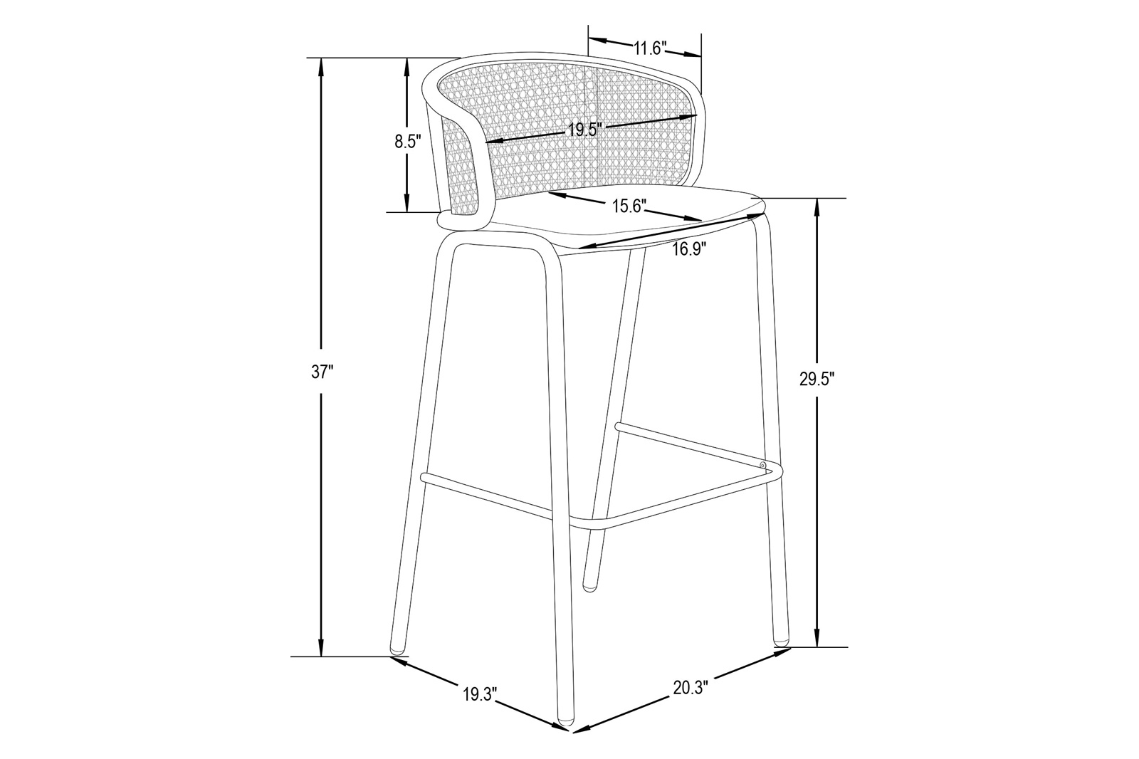 LeisureMod Ervilla Mid-Century Modern Wicker Bar Stool with Fabric Seat and White Powder Coated Steel Frame - Black