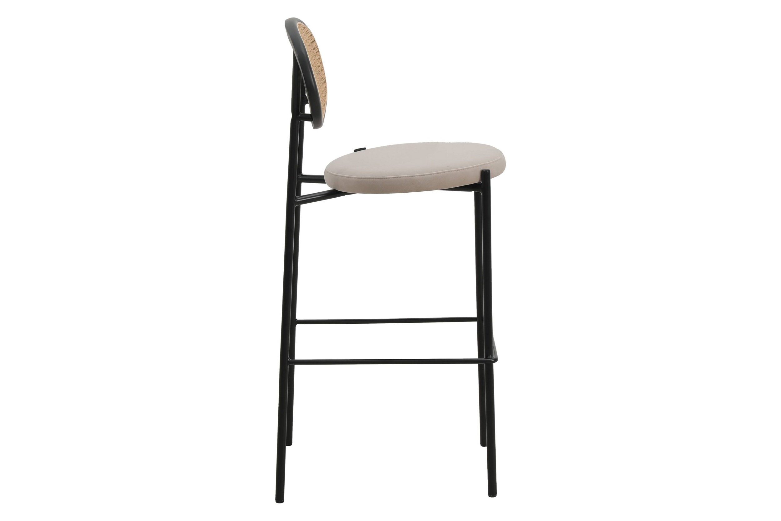 LeisureMod Euston Mid-Century Modern Wicker Bar Stool with Black Powder Coated Steel Frame and Footrest - Beige