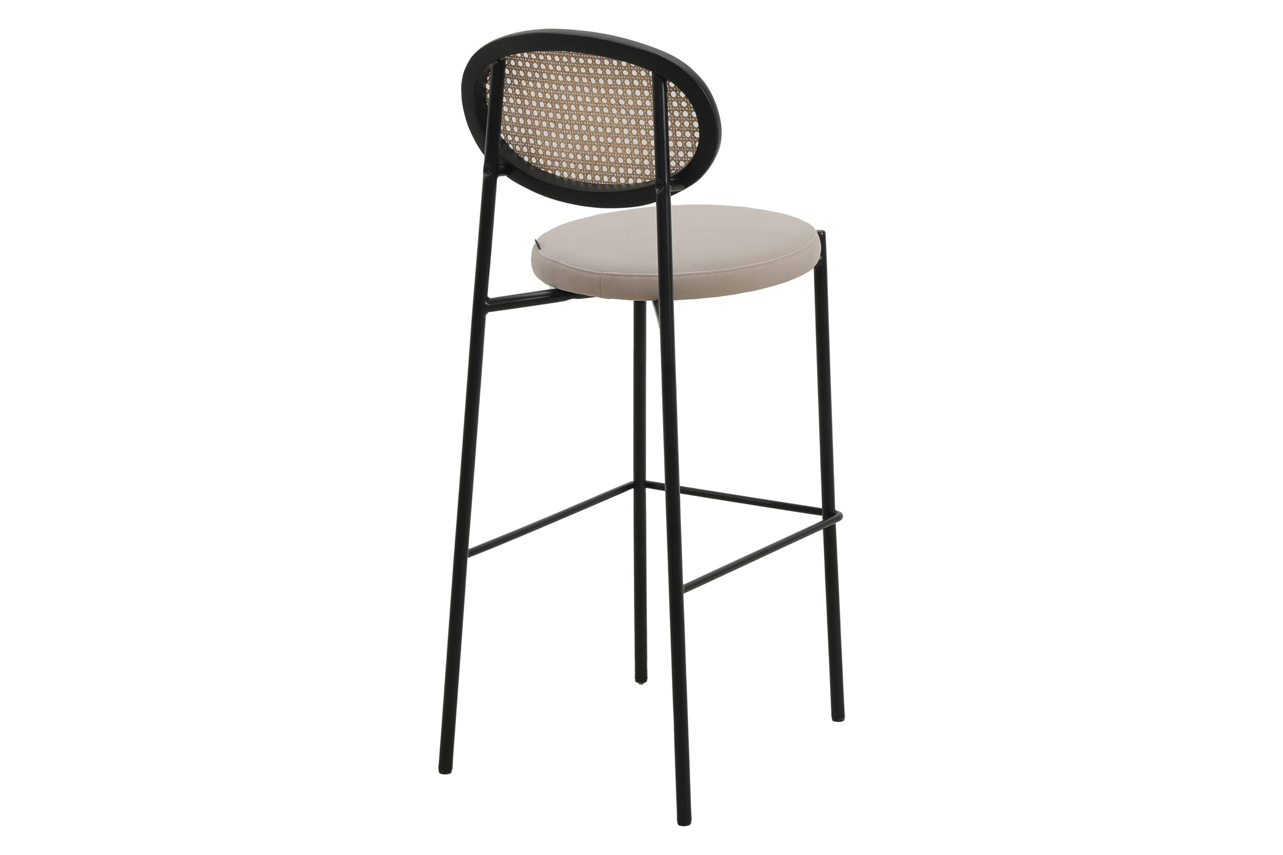 LeisureMod Euston Mid-Century Modern Wicker Bar Stool with Black Powder Coated Steel Frame and Footrest - Beige