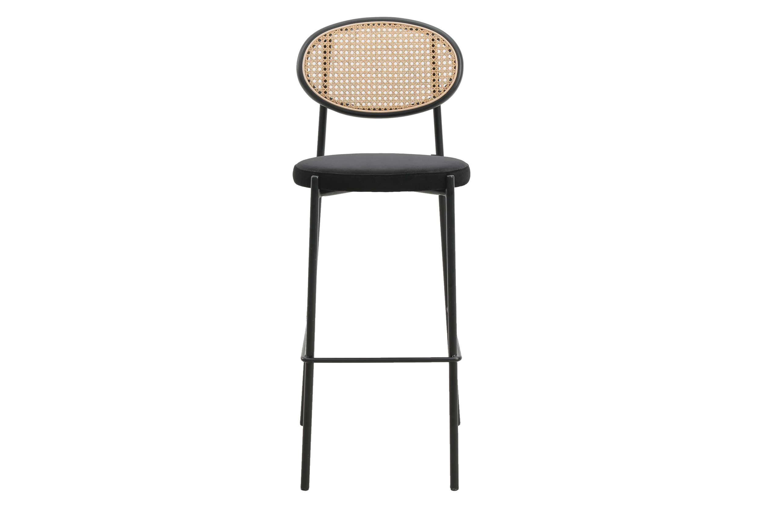 LeisureMod Euston Mid-Century Modern Wicker Bar Stool with Black Powder Coated Steel Frame and Footrest - Black