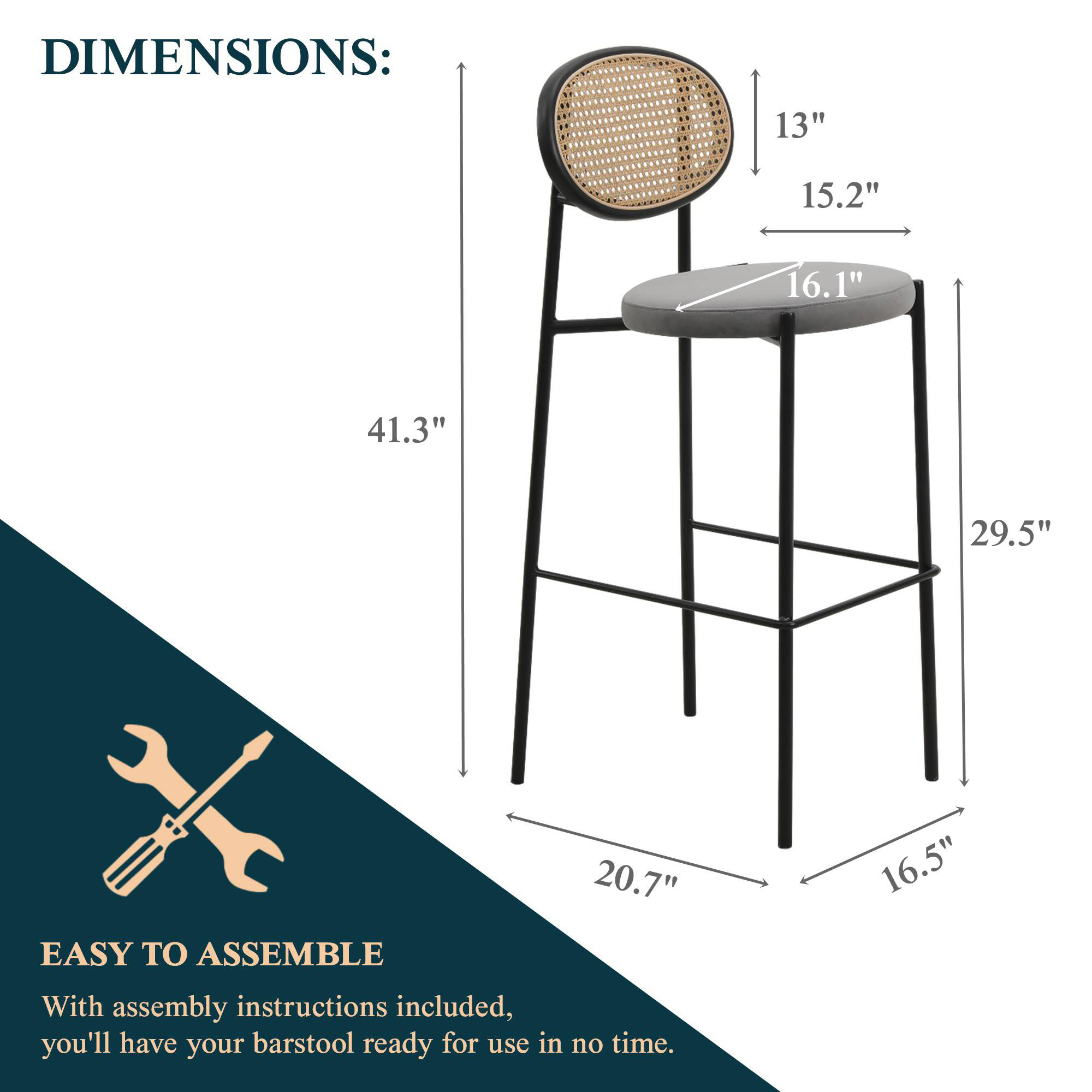 LeisureMod Euston Mid-Century Modern Wicker Bar Stool with Black Powder Coated Steel Frame and Footrest - Gray