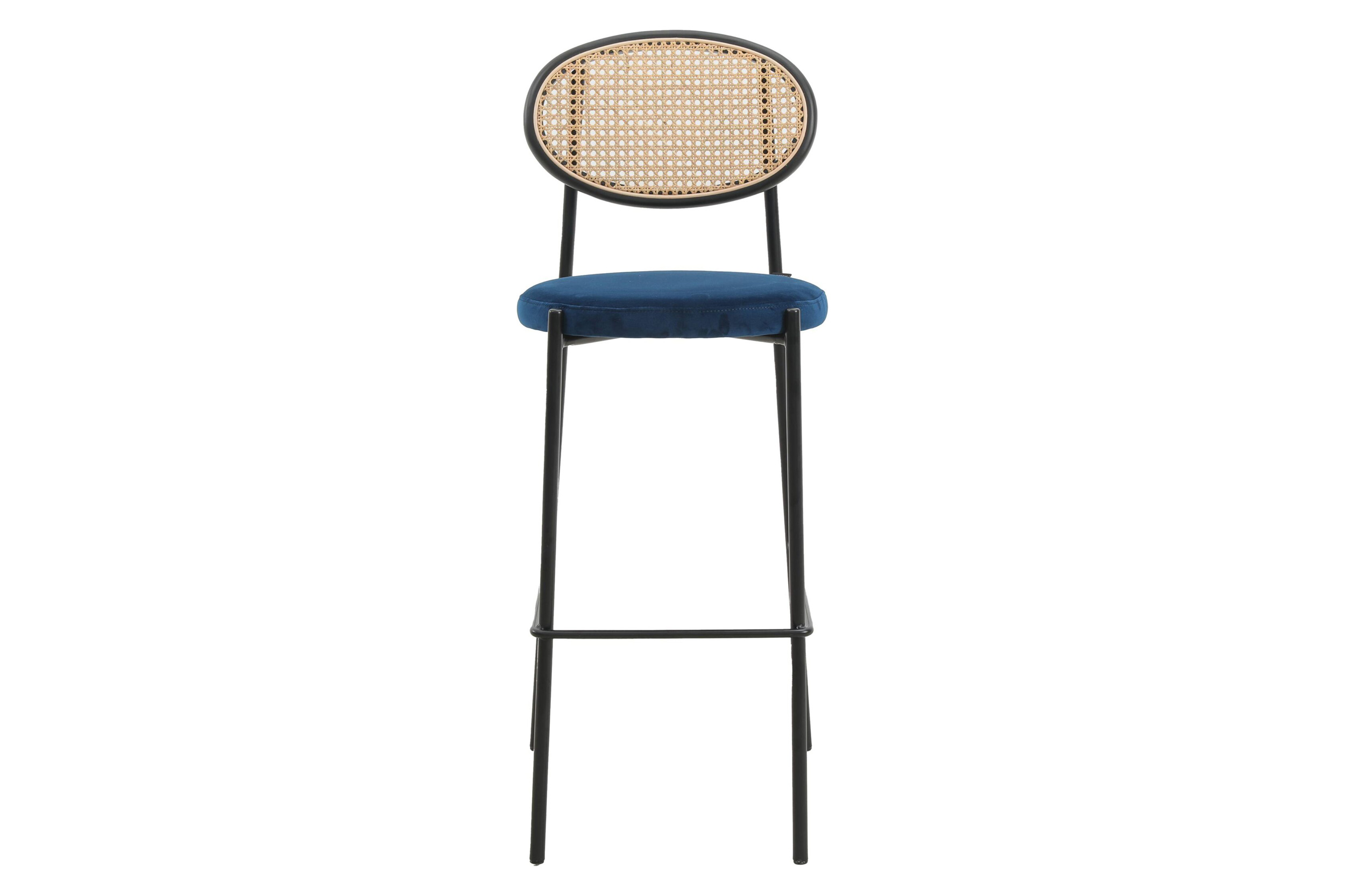 LeisureMod Euston Mid-Century Modern Wicker Bar Stool with Black Powder Coated Steel Frame and Footrest - Navy Blue