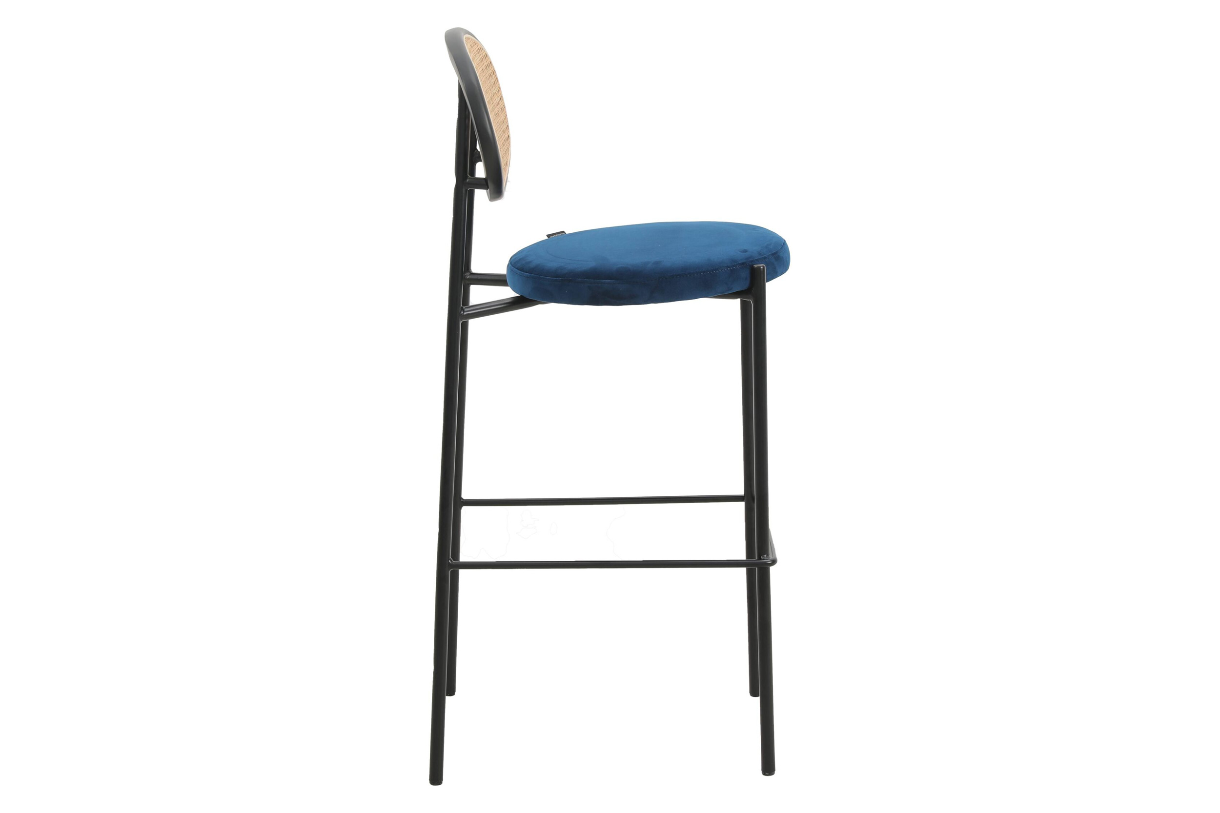 LeisureMod Euston Mid-Century Modern Wicker Bar Stool with Black Powder Coated Steel Frame and Footrest - Navy Blue