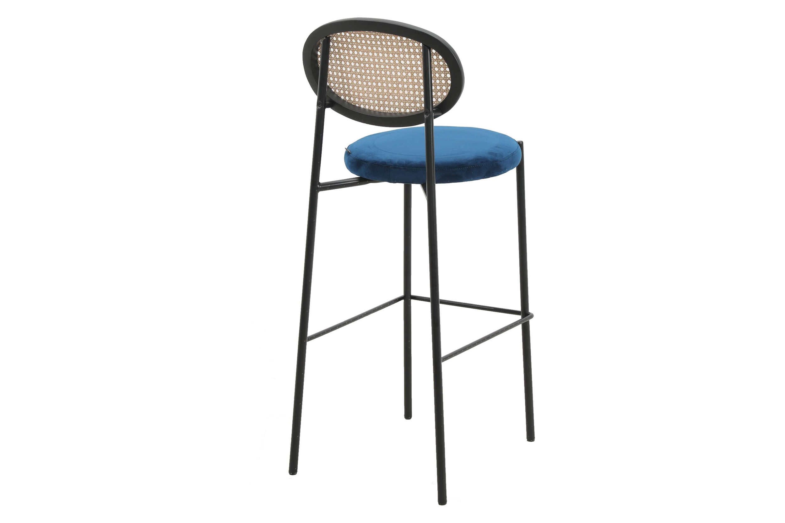 LeisureMod Euston Mid-Century Modern Wicker Bar Stool with Black Powder Coated Steel Frame and Footrest - Navy Blue