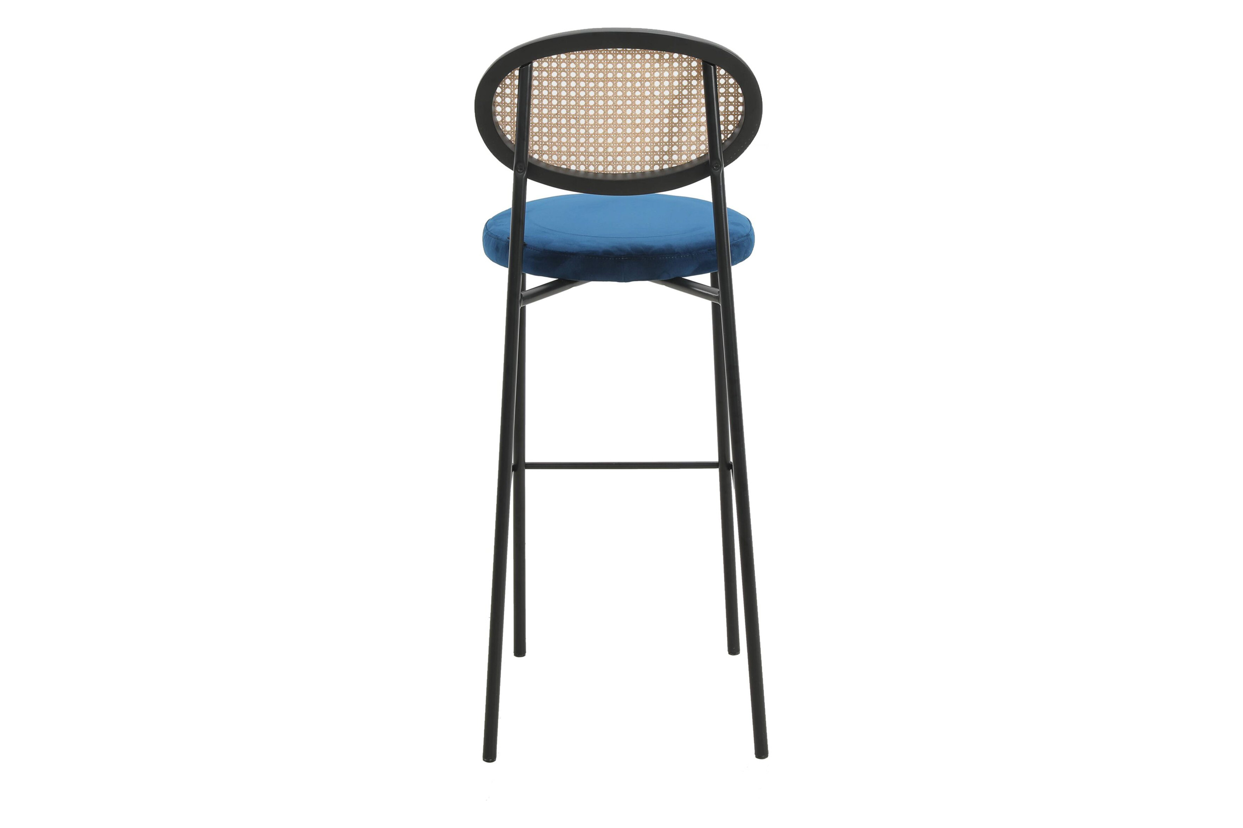 LeisureMod Euston Mid-Century Modern Wicker Bar Stool with Black Powder Coated Steel Frame and Footrest - Navy Blue