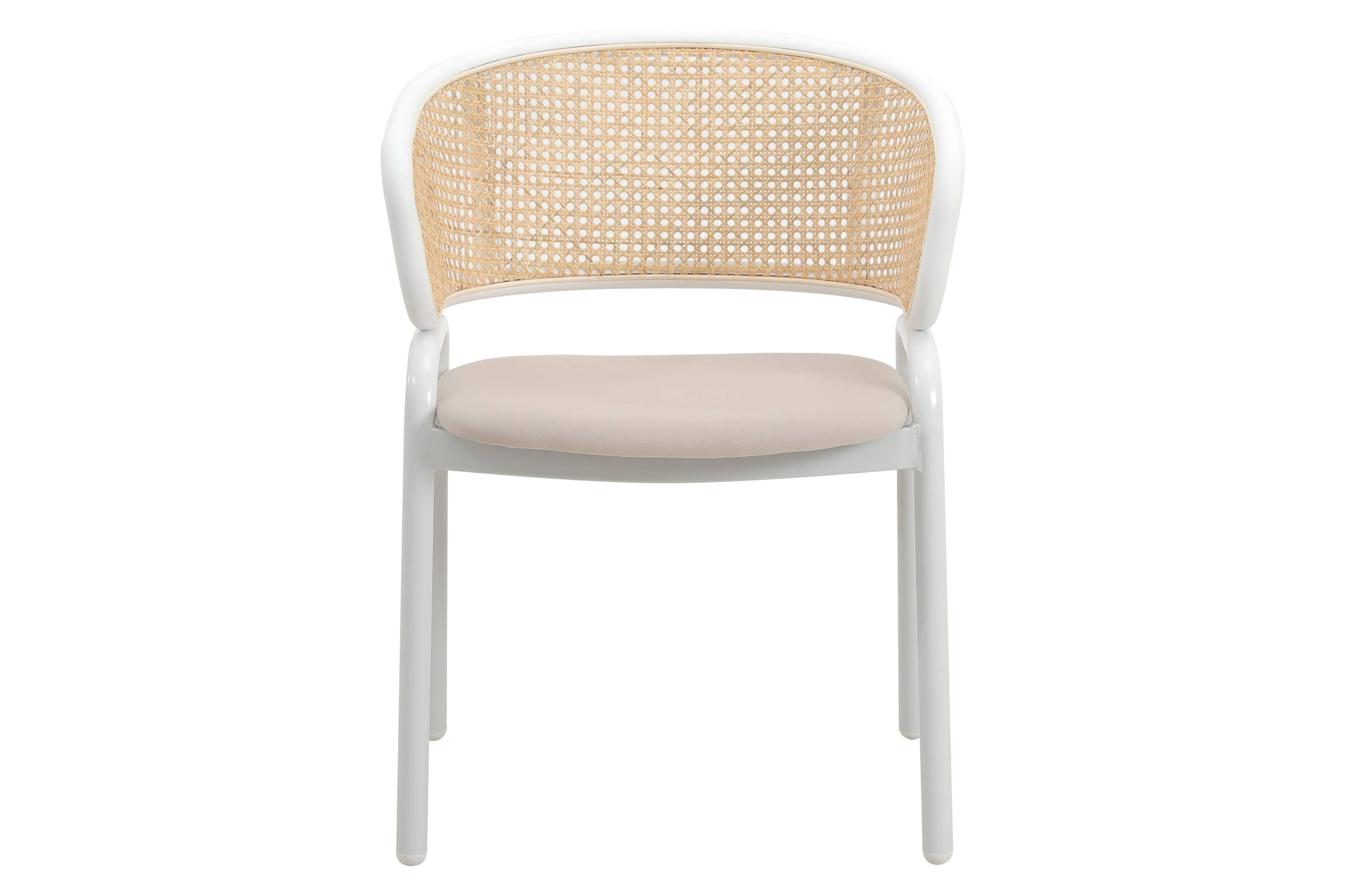 LeisureMod Ervilla Modern Dining Armchair with White Powder Coated Steel Legs and Wicker Back - Beige