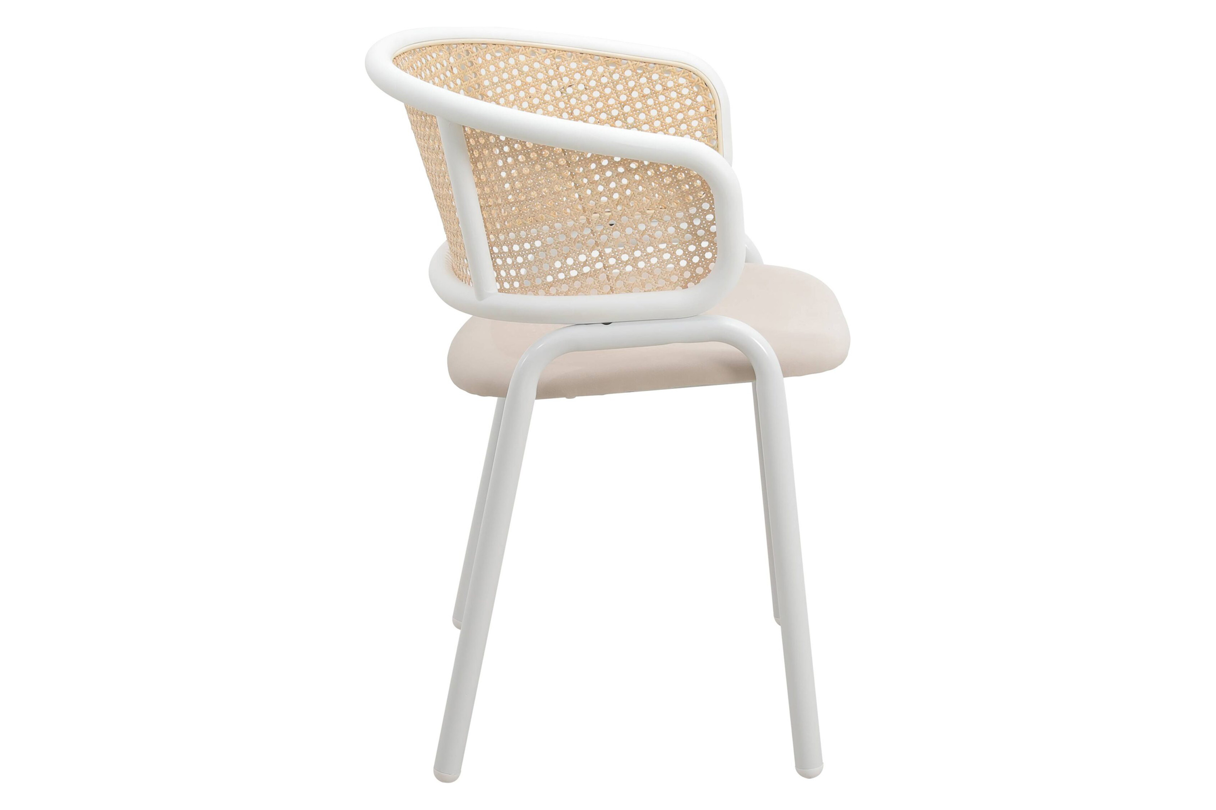 LeisureMod Ervilla Modern Dining Armchair with White Powder Coated Steel Legs and Wicker Back - Beige