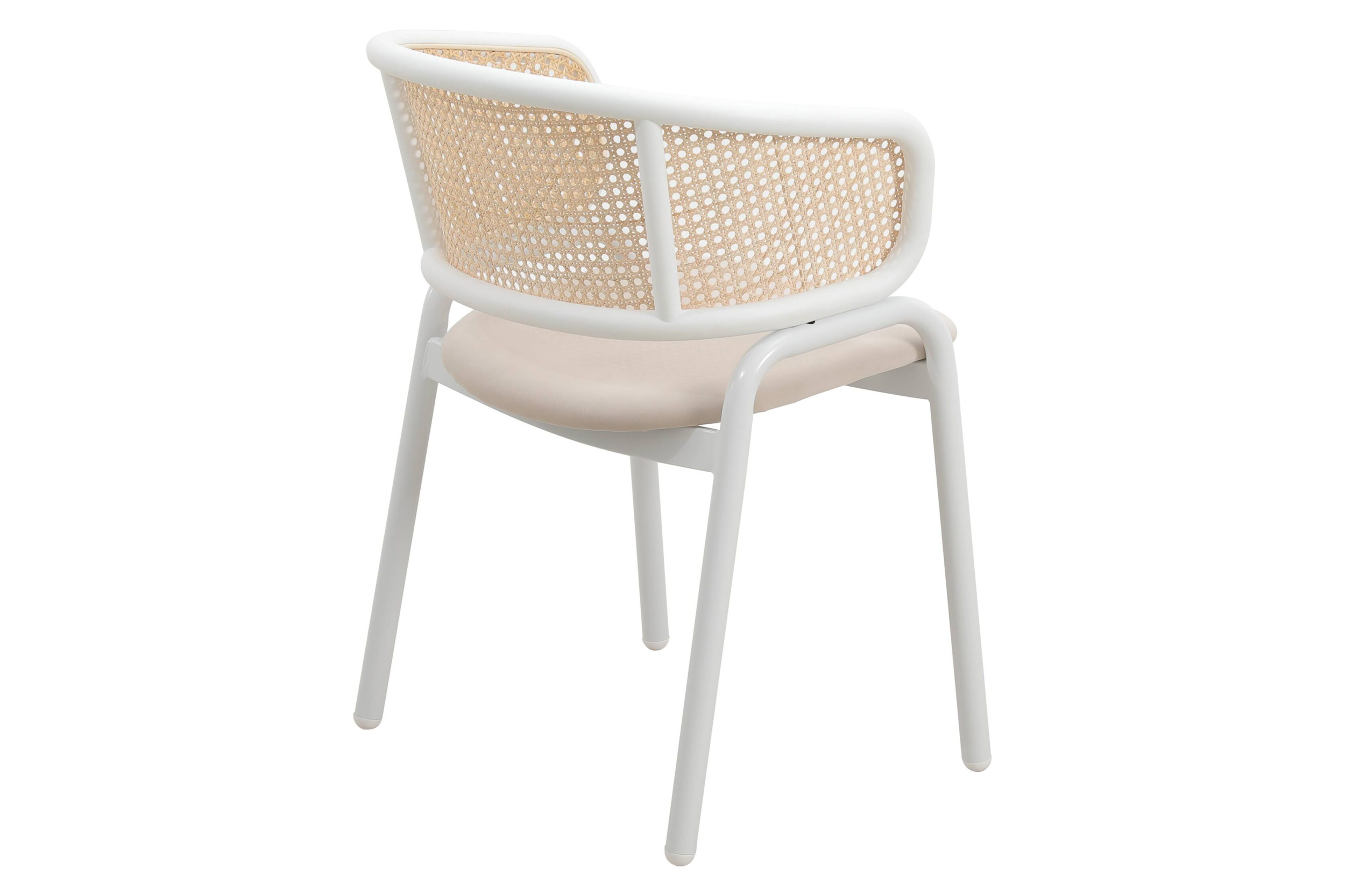 LeisureMod Ervilla Modern Dining Armchair with White Powder Coated Steel Legs and Wicker Back - Beige