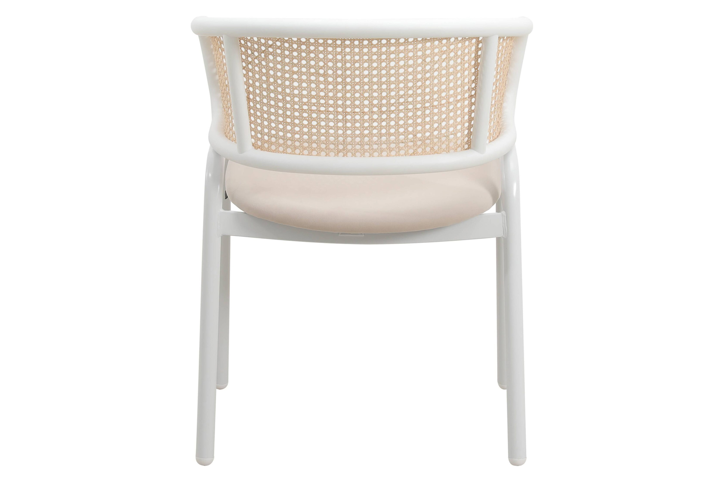 LeisureMod Ervilla Modern Dining Armchair with White Powder Coated Steel Legs and Wicker Back - Beige