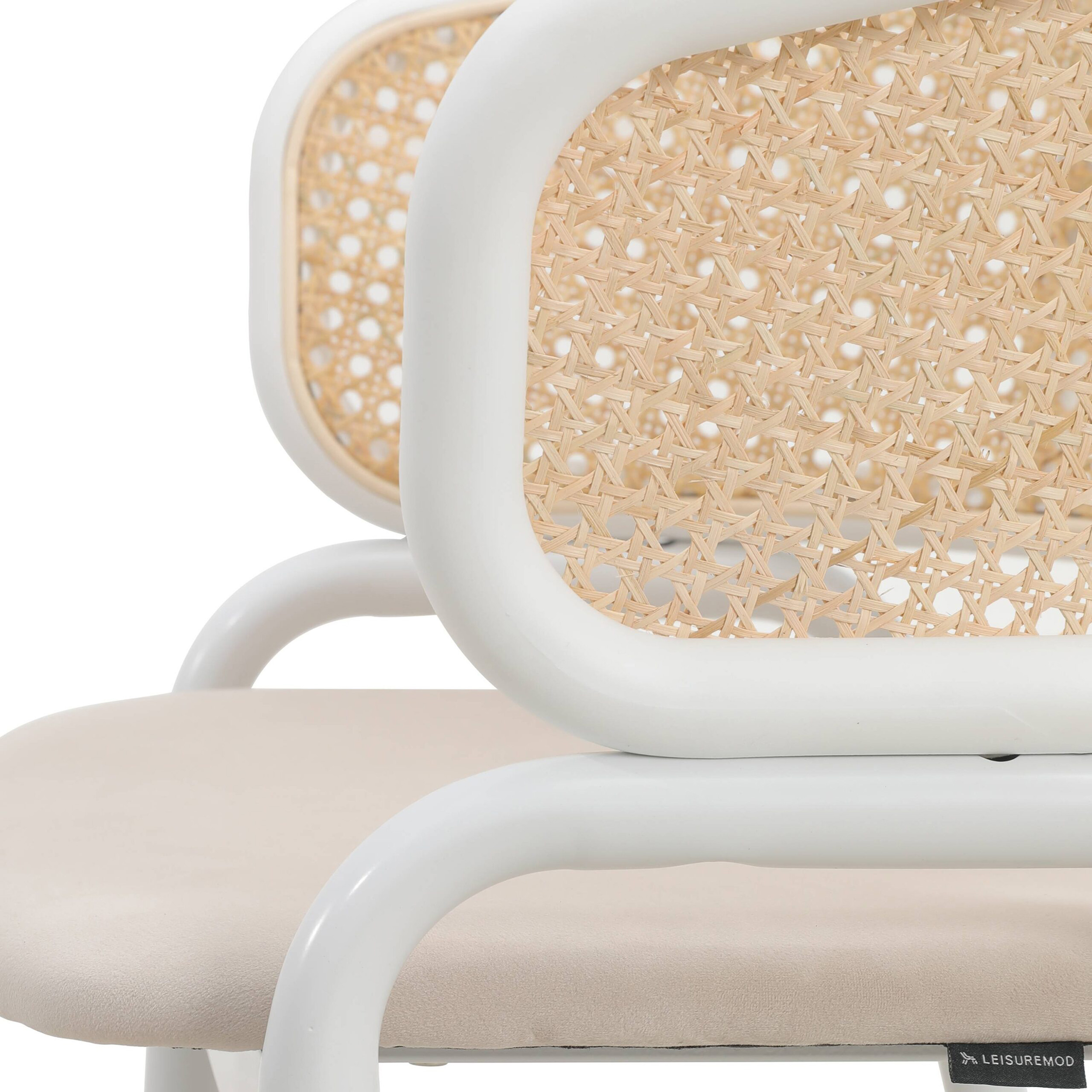 LeisureMod Ervilla Modern Dining Armchair with White Powder Coated Steel Legs and Wicker Back - Beige