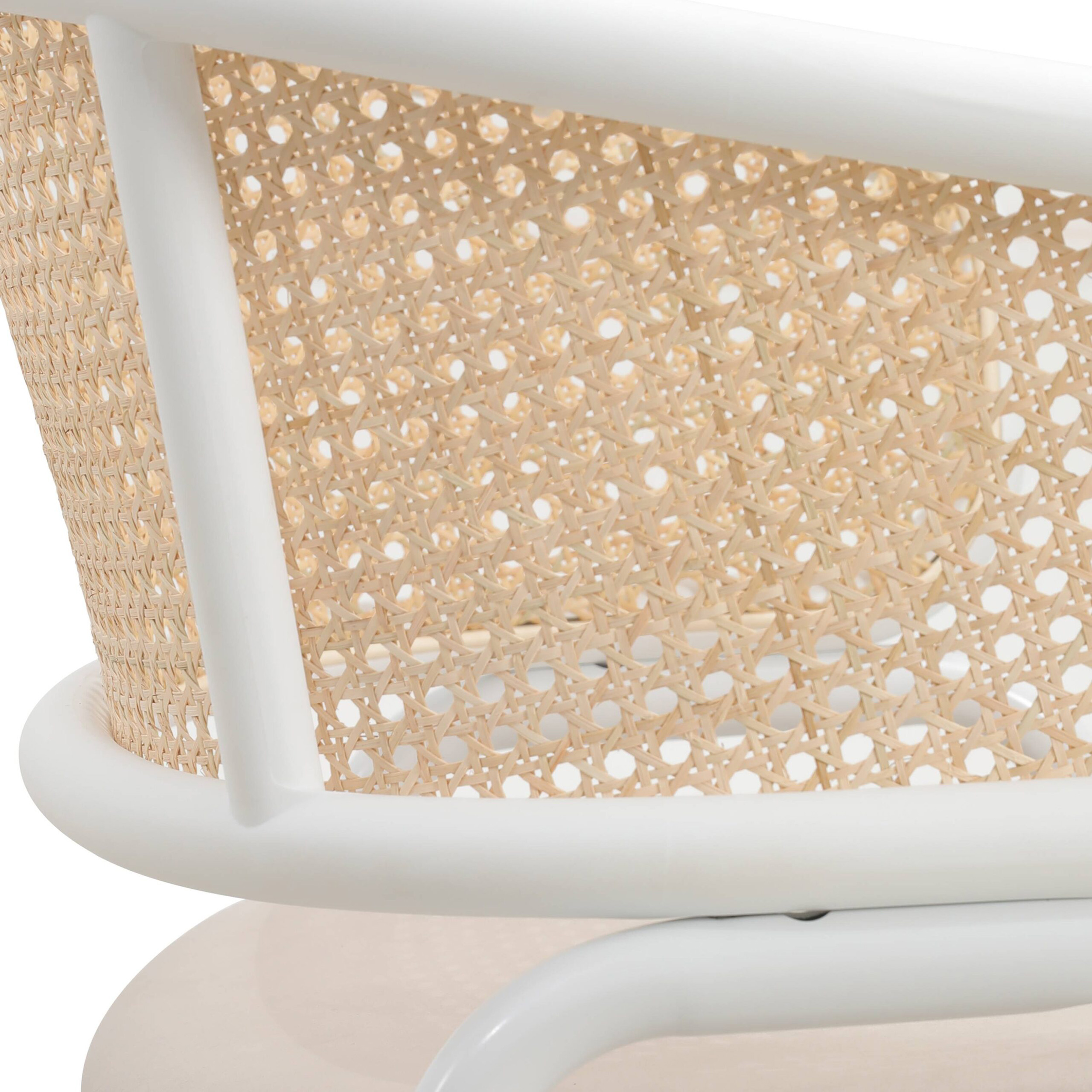 LeisureMod Ervilla Modern Dining Armchair with White Powder Coated Steel Legs and Wicker Back - Beige