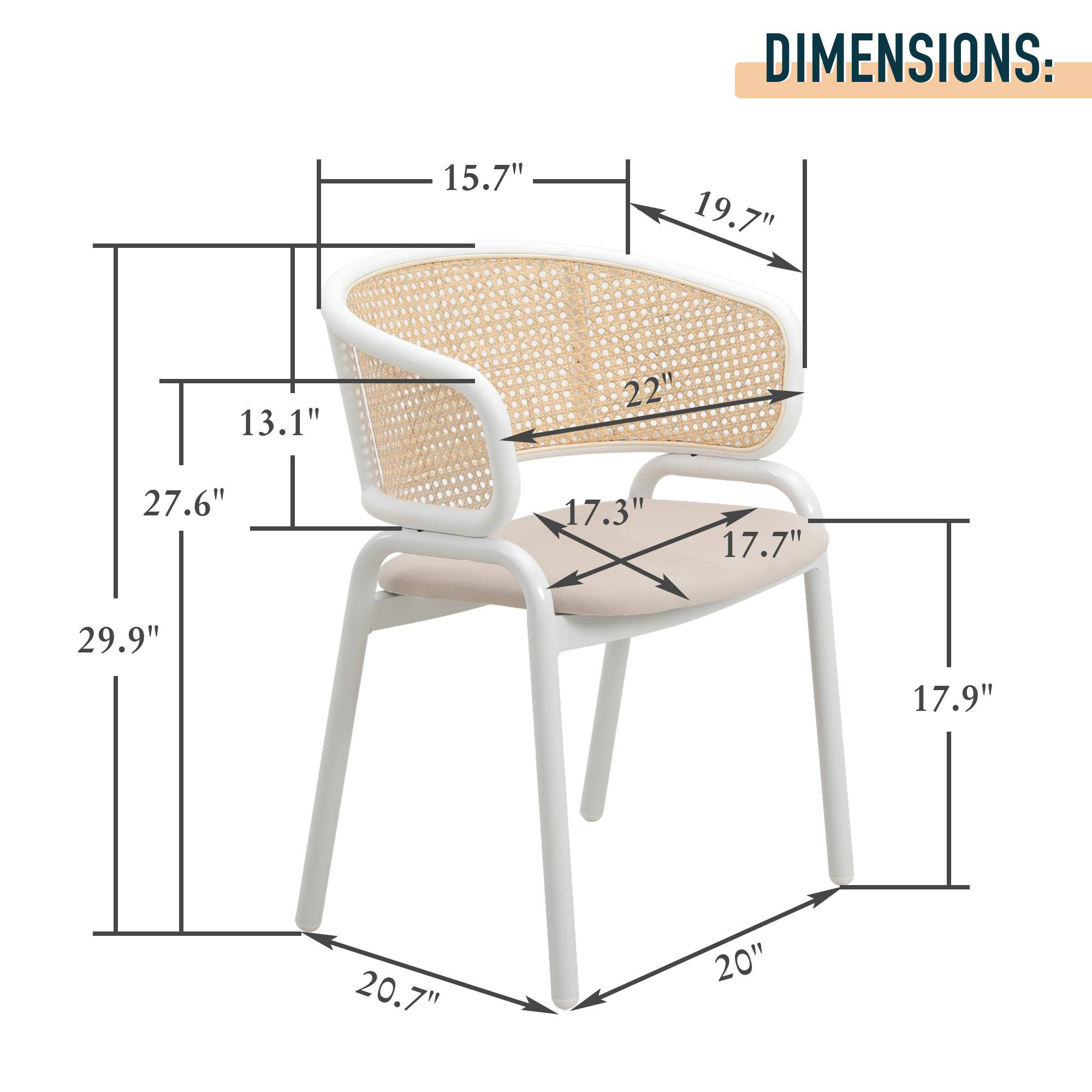 LeisureMod Ervilla Modern Dining Armchair with White Powder Coated Steel Legs and Wicker Back - Beige