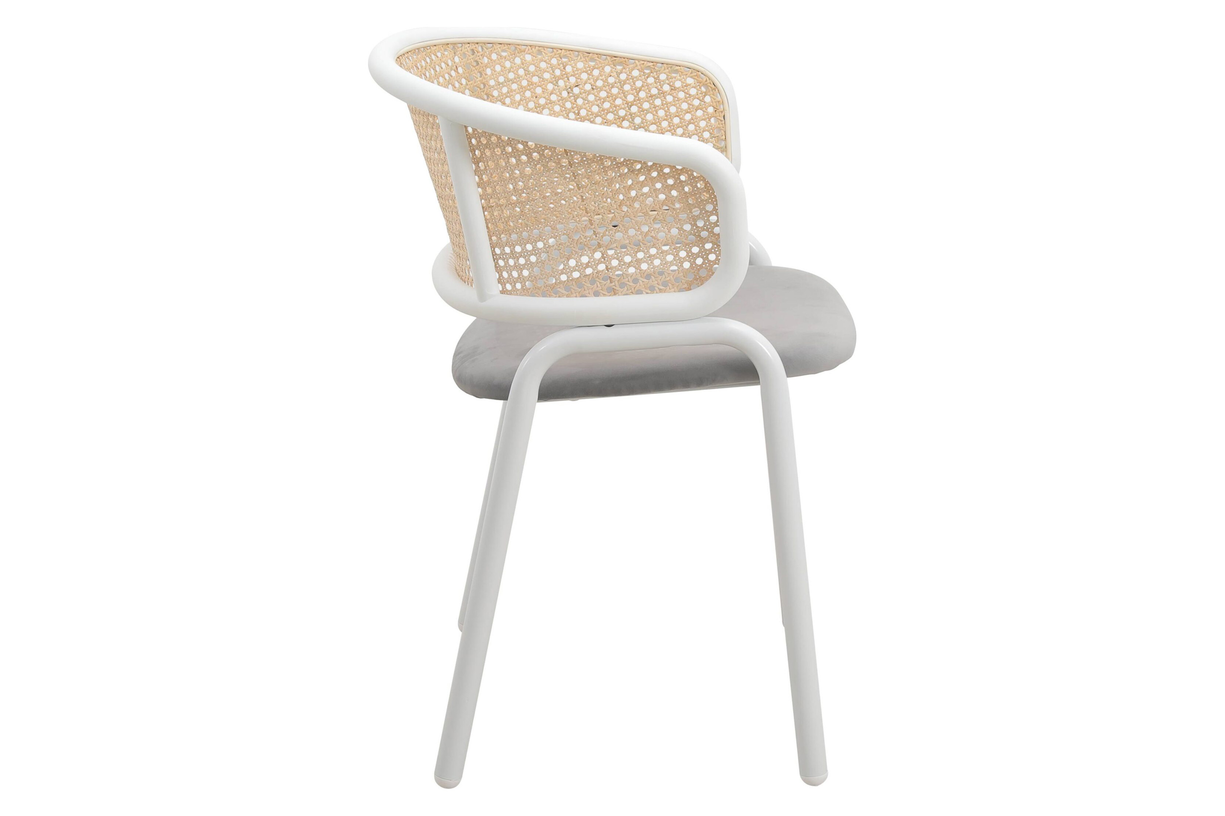 LeisureMod Ervilla Modern Dining Armchair with White Powder Coated Steel Legs and Wicker Back - Gray