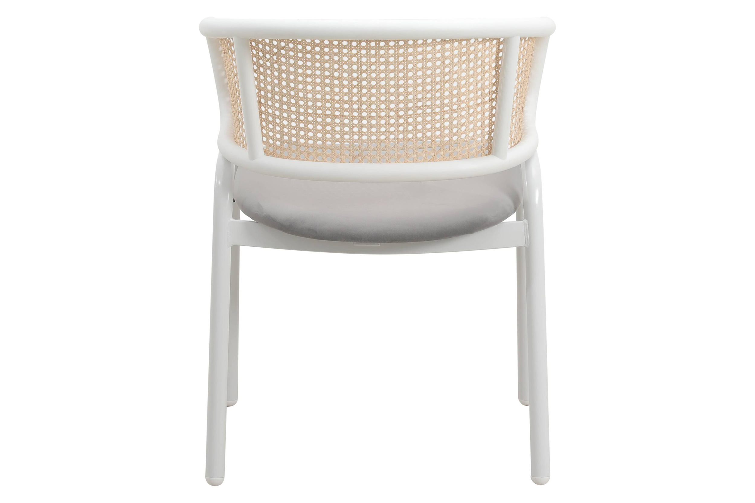 LeisureMod Ervilla Modern Dining Armchair with White Powder Coated Steel Legs and Wicker Back - Gray
