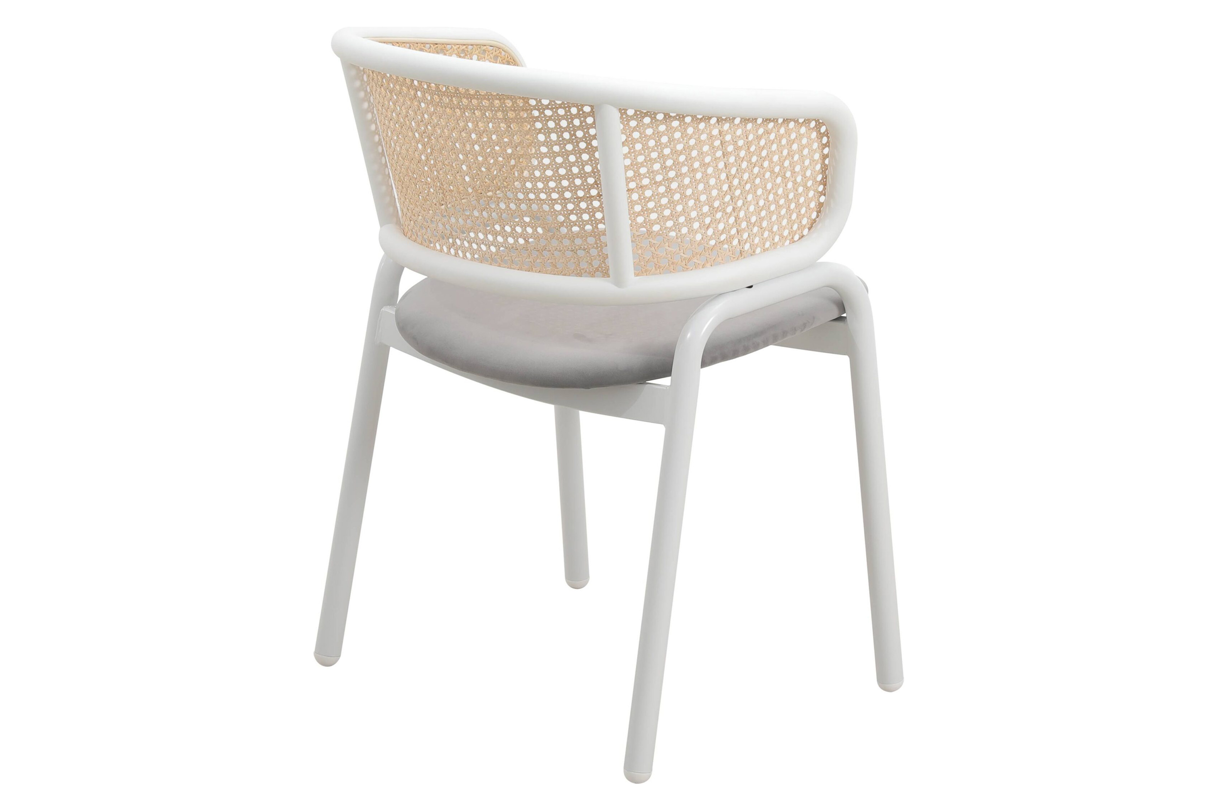 LeisureMod Ervilla Modern Dining Armchair with White Powder Coated Steel Legs and Wicker Back - Gray