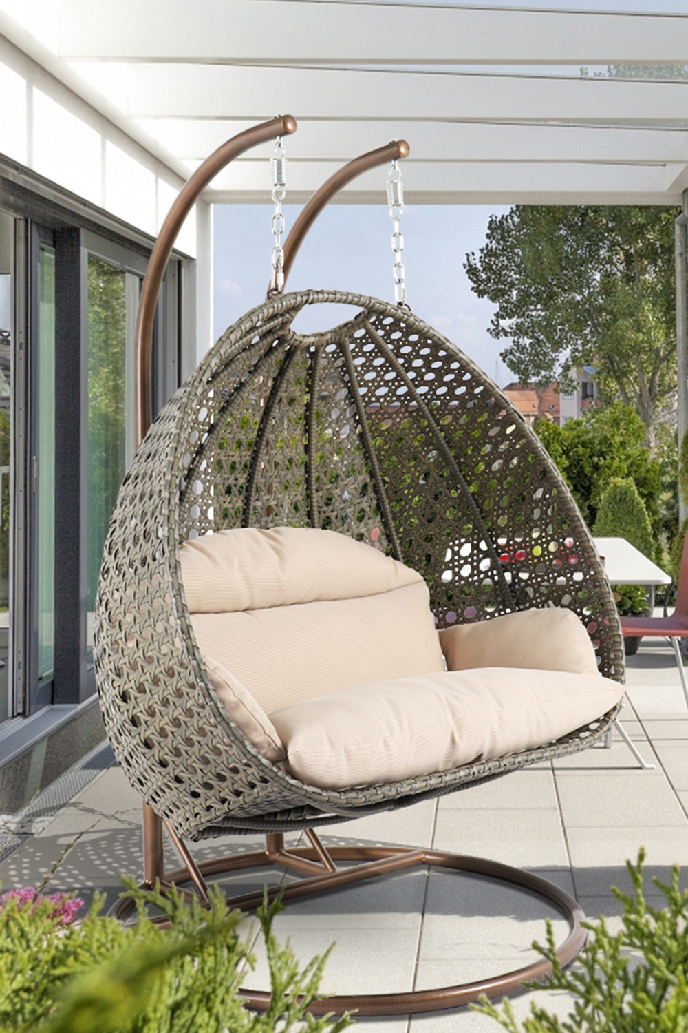 LeisureMod - Modern Beige Wicker Hanging Double Seater Egg Swing Chair