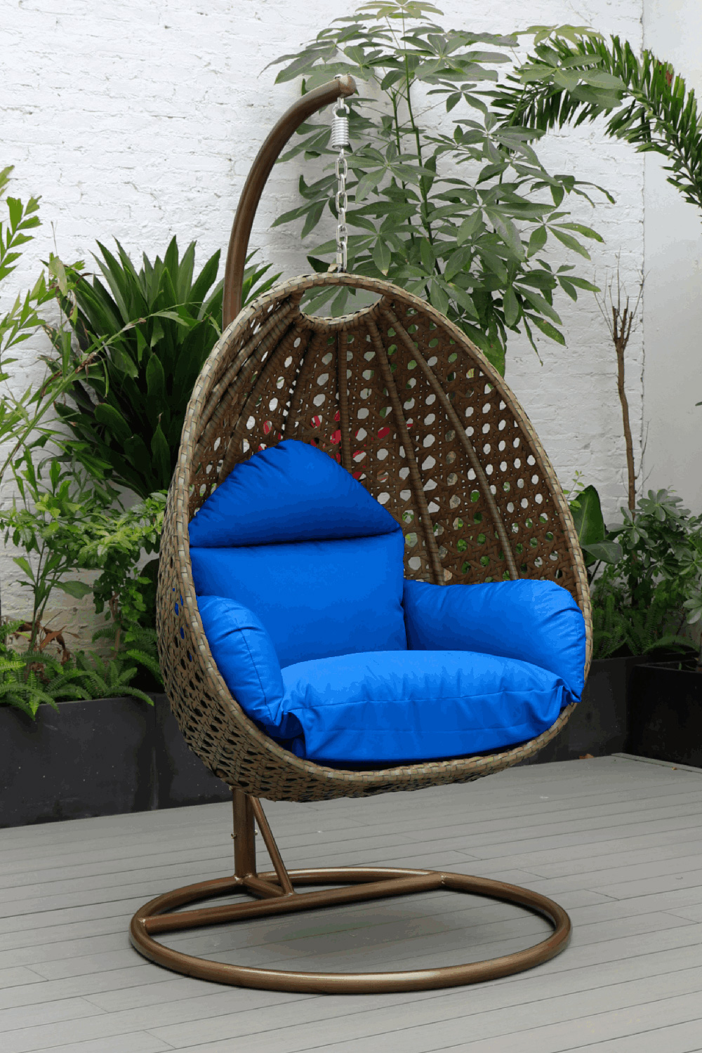 LeisureMod Beige Wicker Hanging Single Egg Swing Chair - Blue