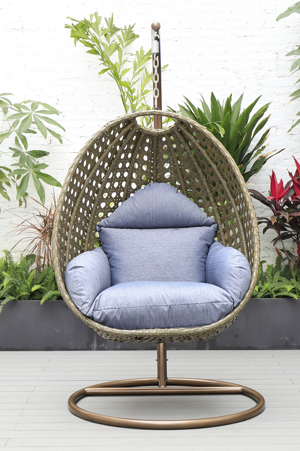 LeisureMod Beige Wicker Hanging Single Egg Swing Chair - Charcoal/Blue
