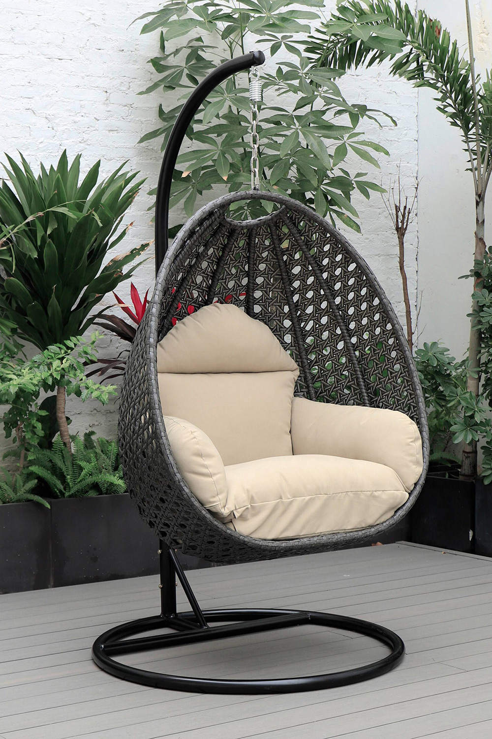 LeisureMod Charcoal Wicker Hanging Single Egg Swing Chair with Cushions - Taupe