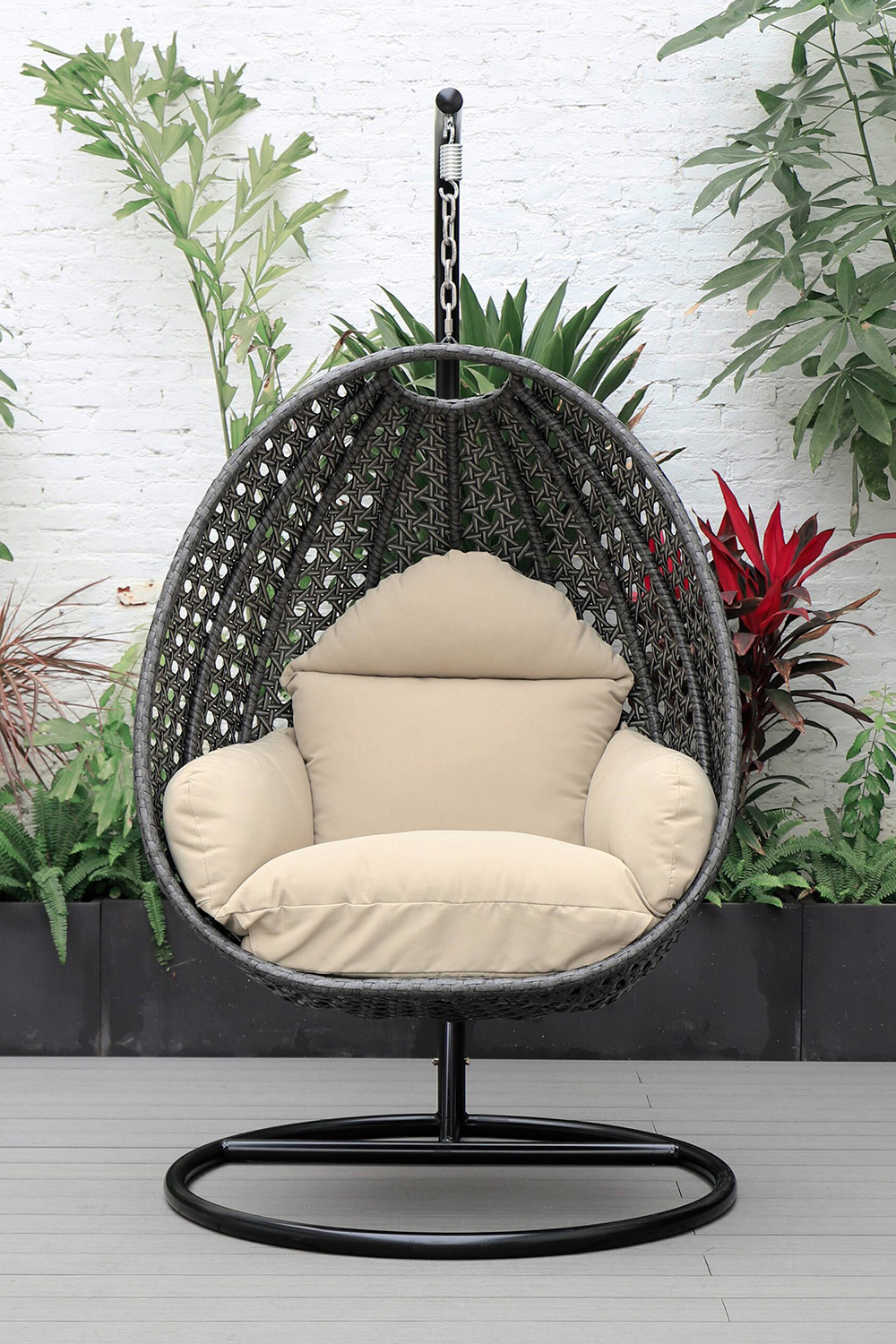 LeisureMod Charcoal Wicker Hanging Single Egg Swing Chair with Cushions - Taupe