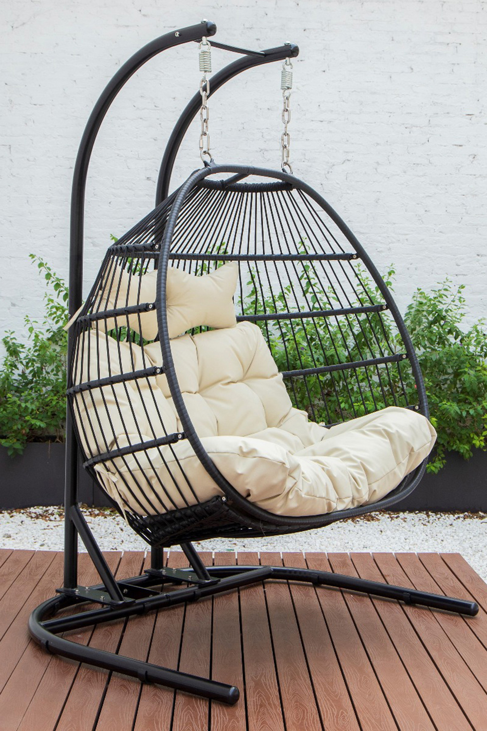 LeisureMod Wicker 2 Person Double Folding Hanging Egg Swing Chair - Beige