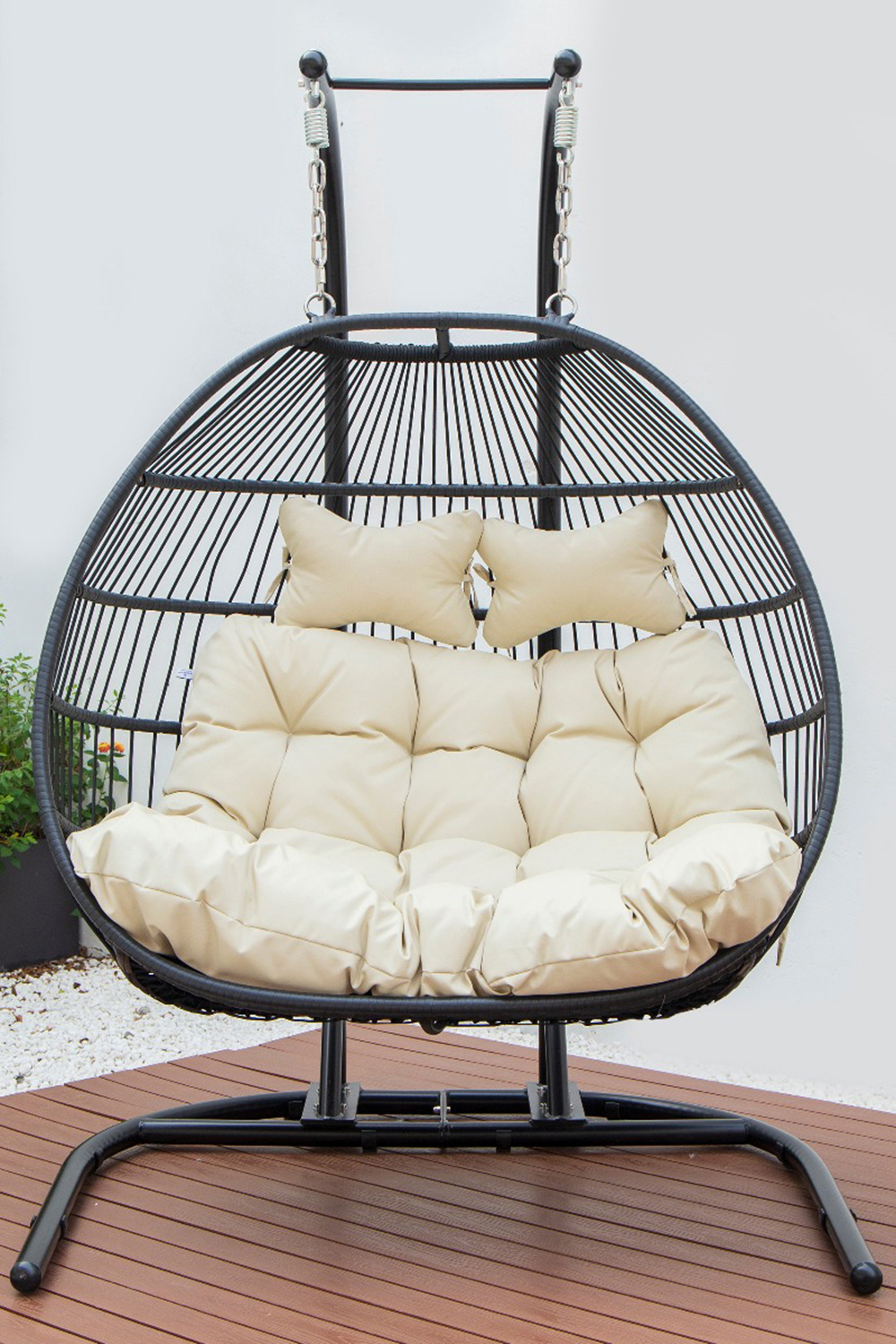 LeisureMod Wicker 2 Person Double Folding Hanging Egg Swing Chair - Beige