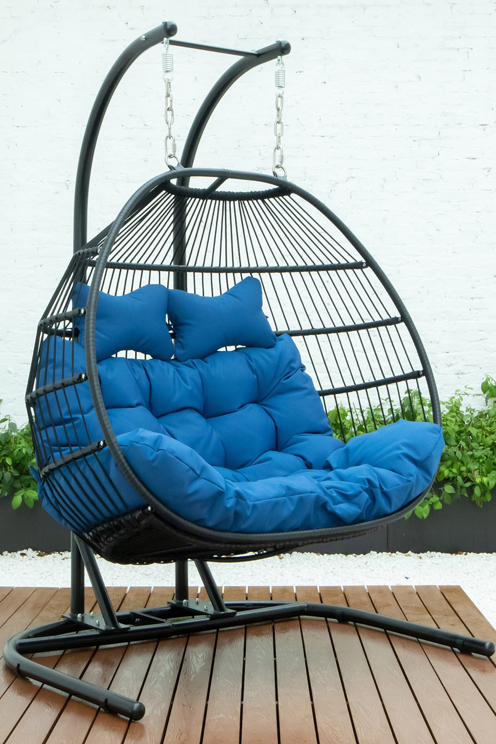 LeisureMod Wicker 2 Person Double Folding Hanging Egg Swing Chair - Blue