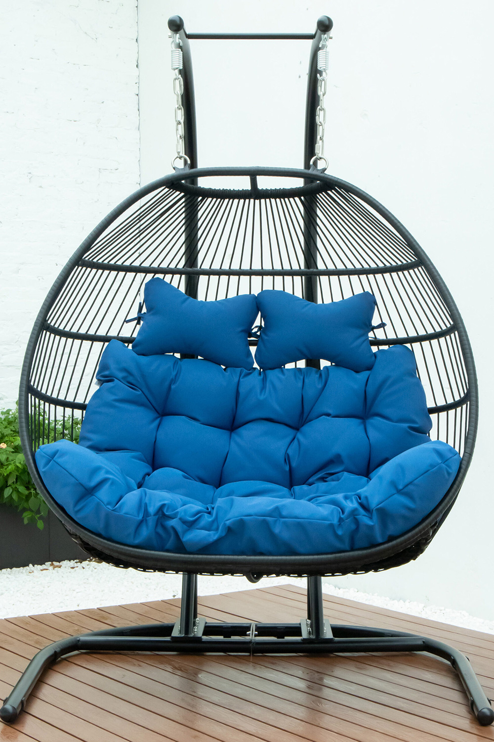 LeisureMod Wicker 2 Person Double Folding Hanging Egg Swing Chair - Blue