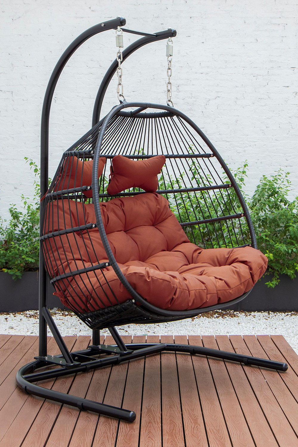 LeisureMod Wicker 2 Person Double Folding Hanging Egg Swing Chair - Cherry