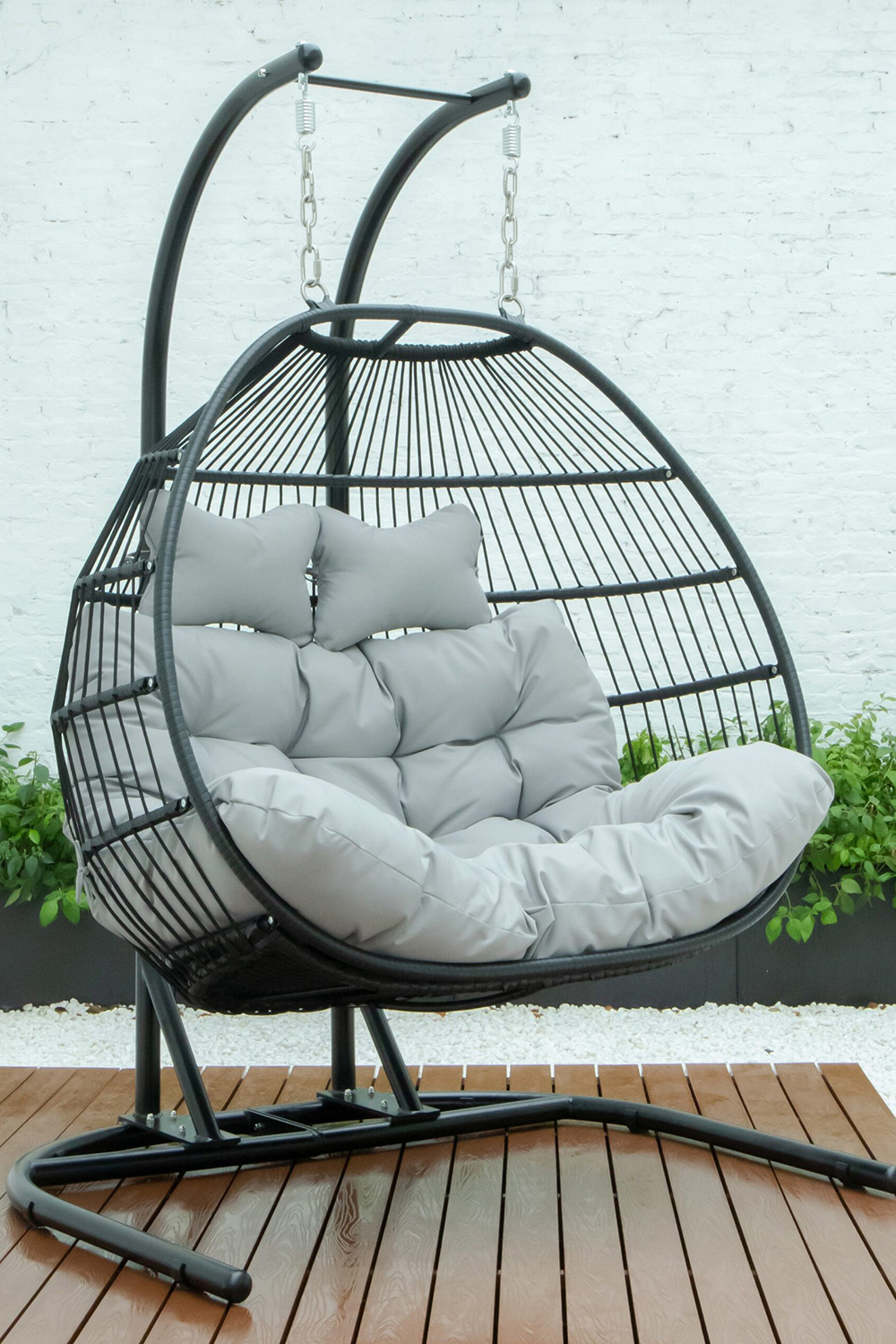 LeisureMod Wicker 2 Person Double Folding Hanging Egg Swing Chair - Light Gray
