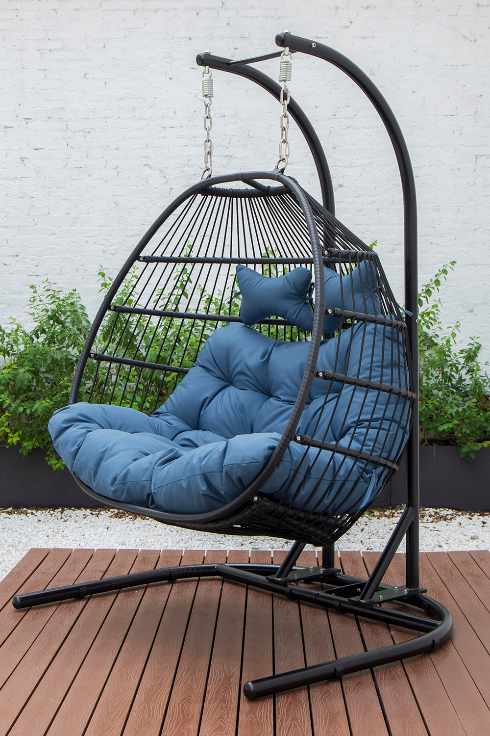 LeisureMod Wicker 2 Person Double Folding Hanging Egg Swing Chair - Navy Blue