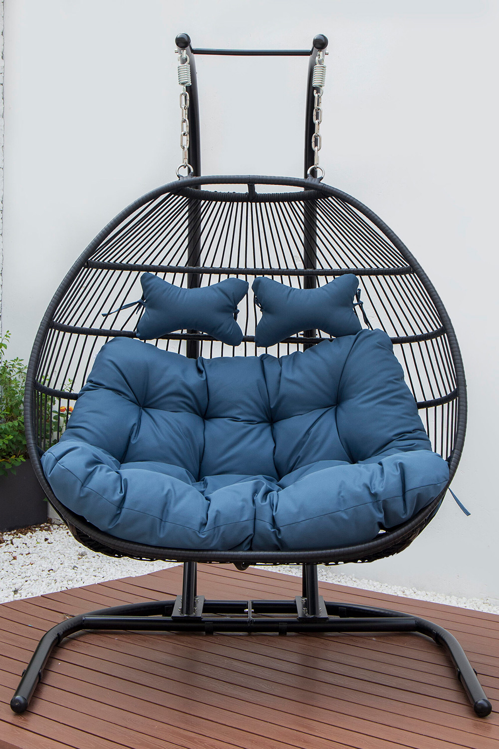 LeisureMod Wicker 2 Person Double Folding Hanging Egg Swing Chair - Navy Blue