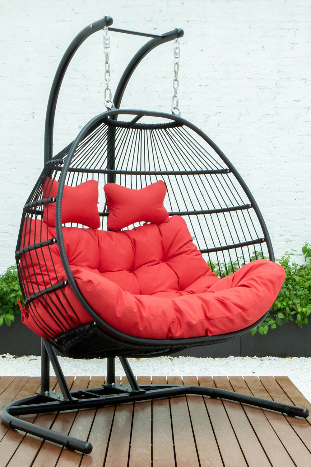 LeisureMod Wicker 2 Person Double Folding Hanging Egg Swing Chair - Red