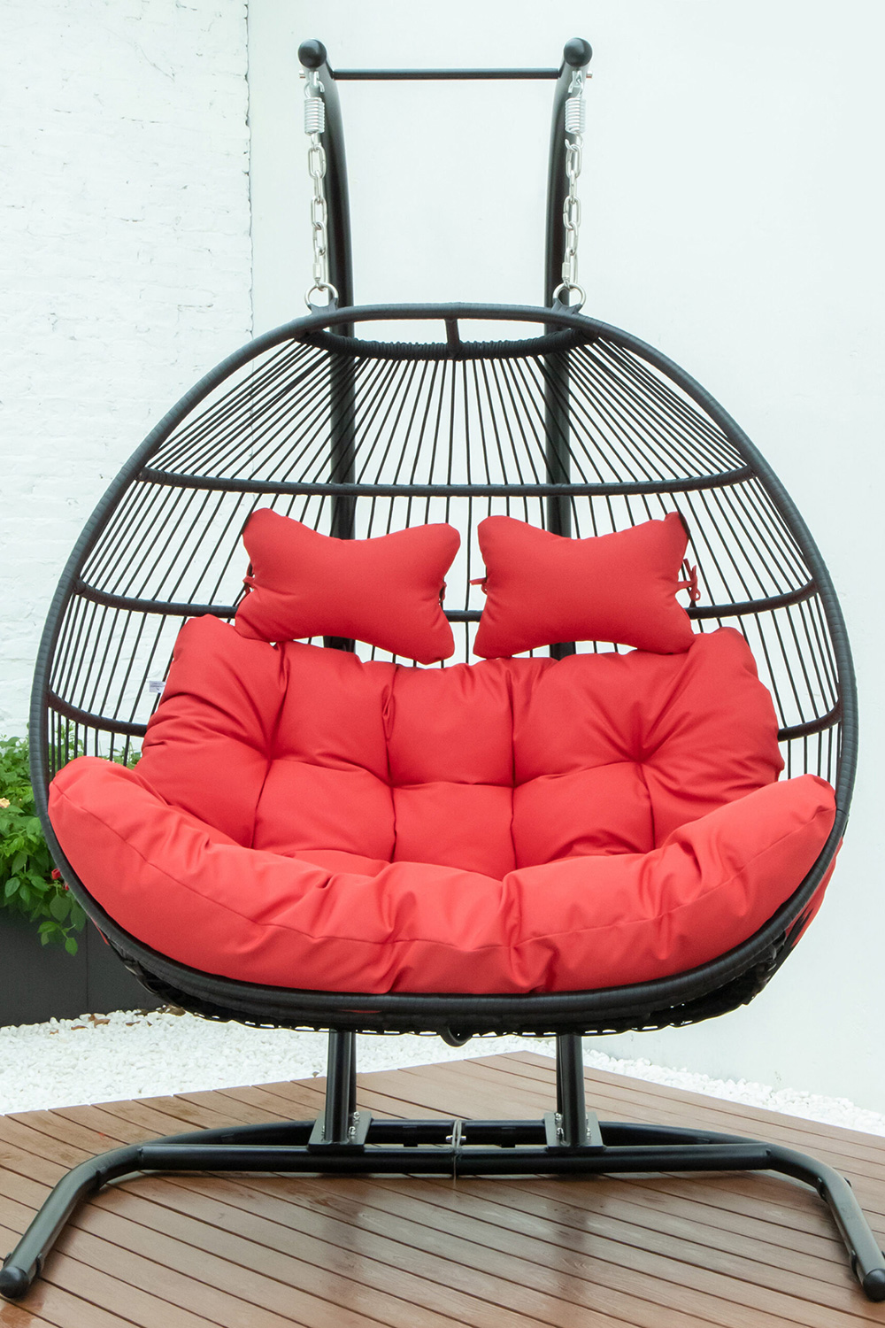LeisureMod Wicker 2 Person Double Folding Hanging Egg Swing Chair - Red