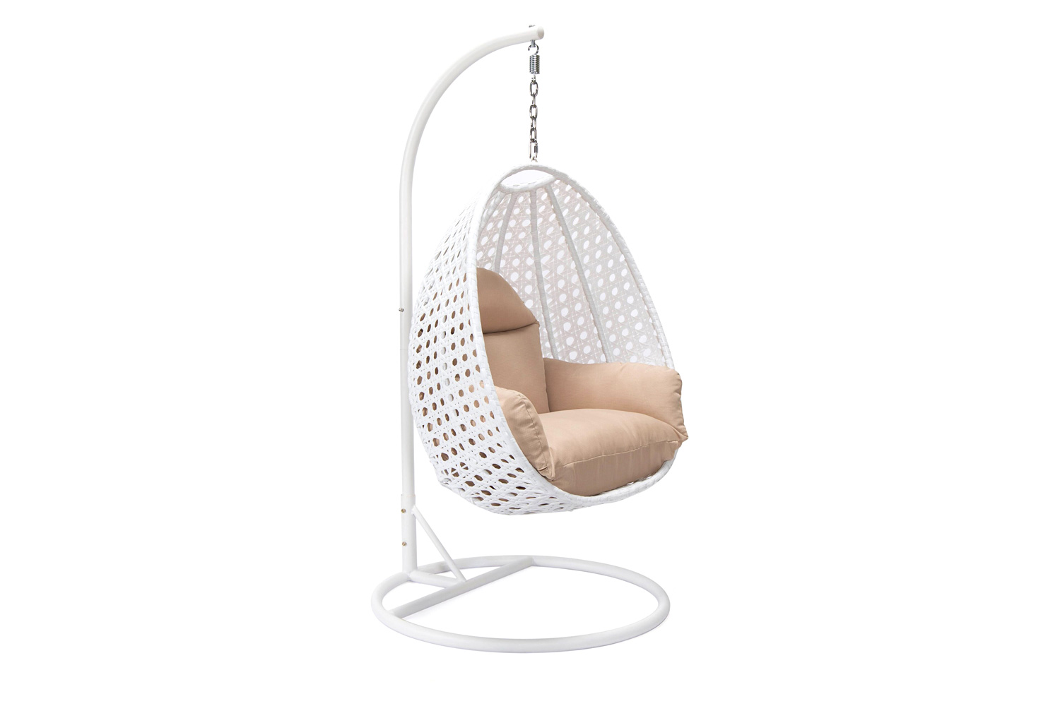 LeisureMod White Wicker Hanging Single Egg Swing Chair with Cushions - Beige