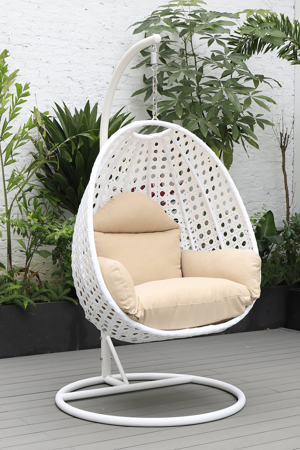 LeisureMod White Wicker Hanging Single Egg Swing Chair with Cushions - Beige
