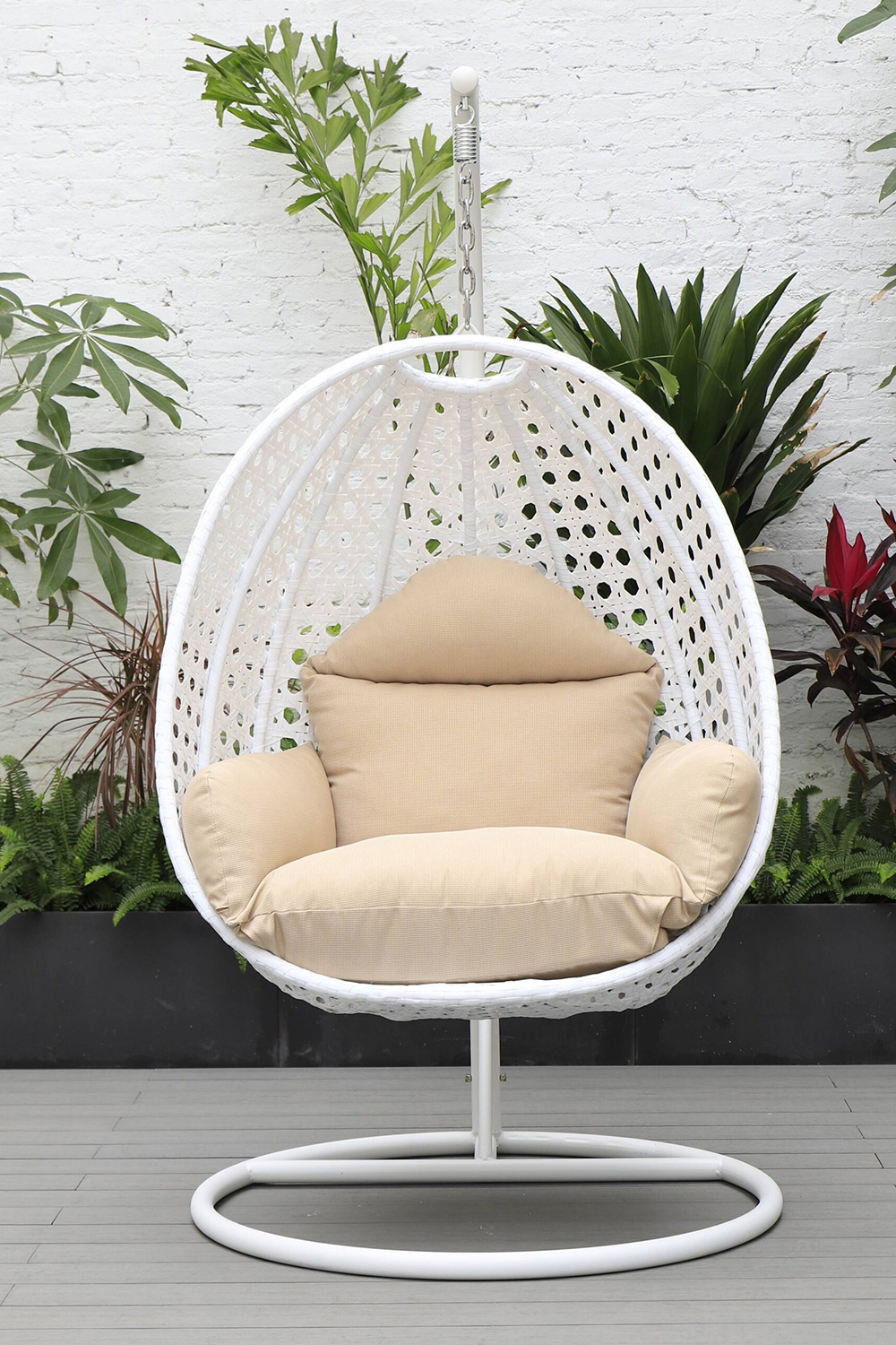 LeisureMod White Wicker Hanging Single Egg Swing Chair with Cushions - Beige