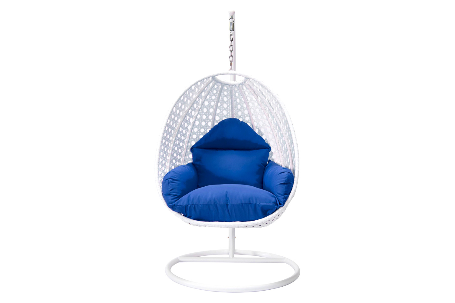 LeisureMod White Wicker Hanging Single Egg Swing Chair with Cushions - Blue
