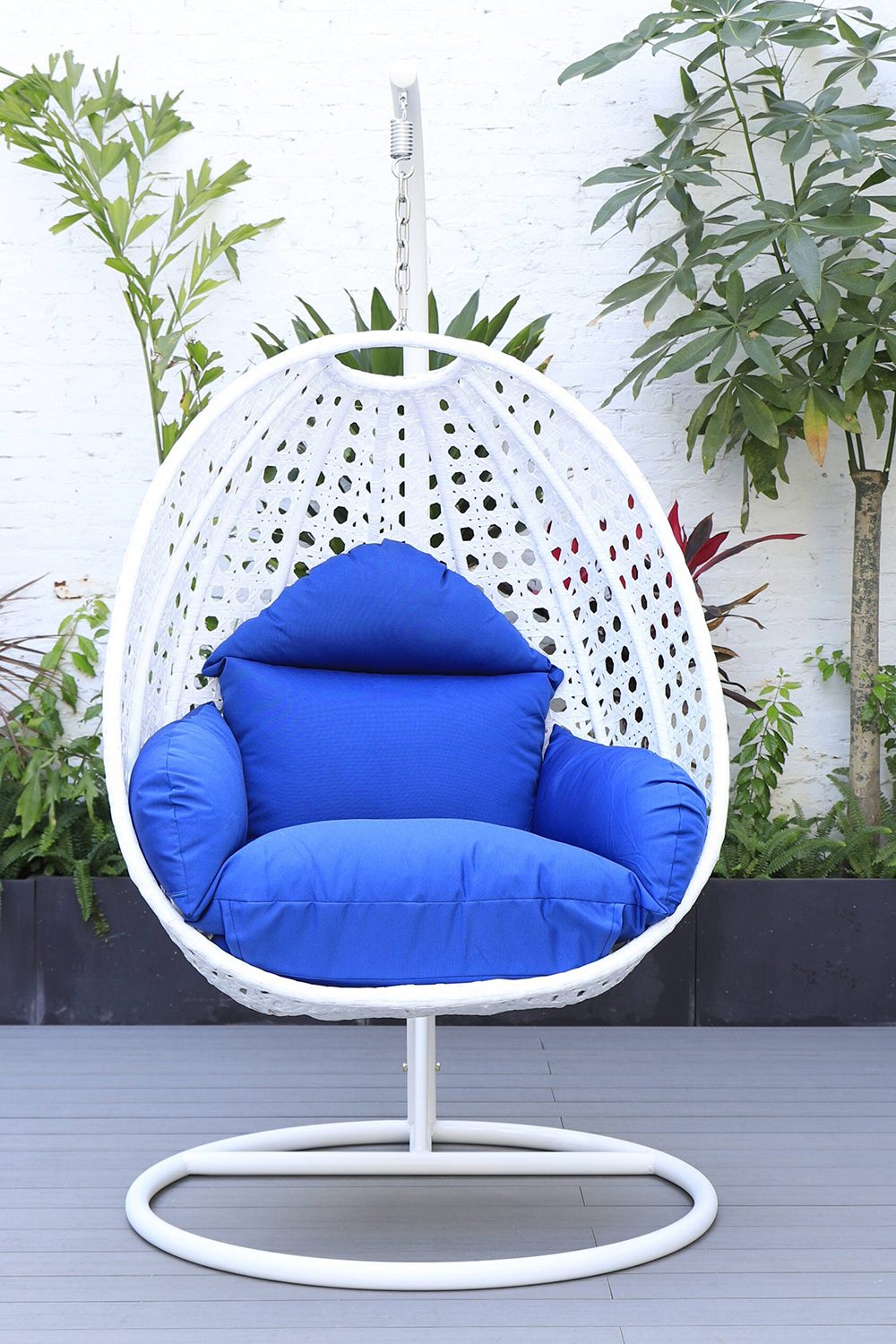 LeisureMod White Wicker Hanging Single Egg Swing Chair with Cushions - Blue