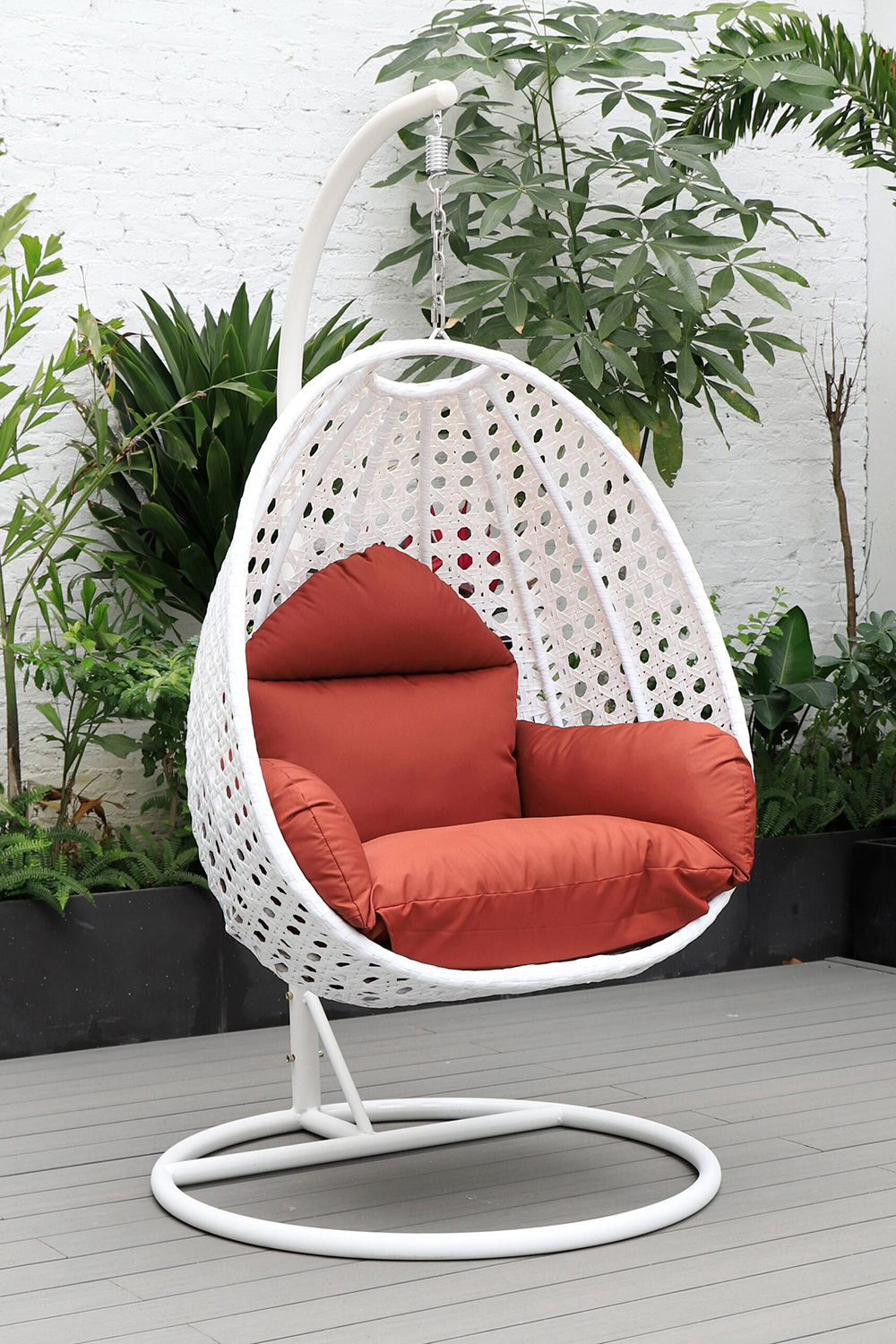 LeisureMod White Wicker Hanging Single Egg Swing Chair with Cushions - Cherry