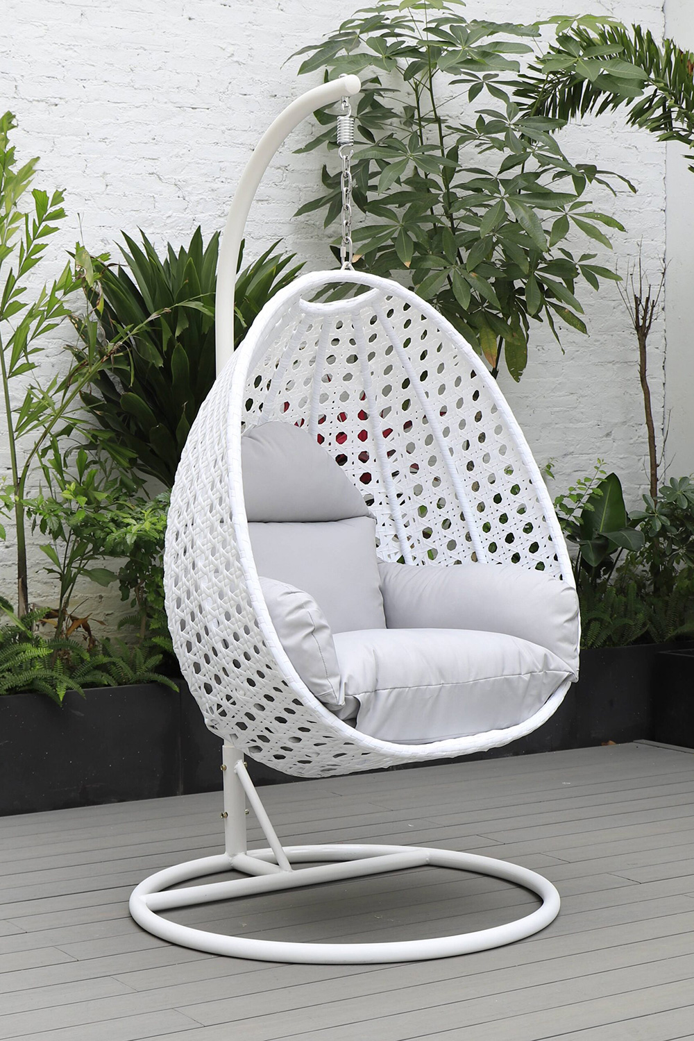 LeisureMod White Wicker Hanging Single Egg Swing Chair with Cushions - Light Gray