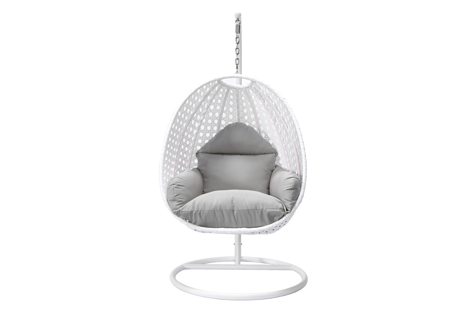 LeisureMod White Wicker Hanging Single Egg Swing Chair with Cushions - Light Gray