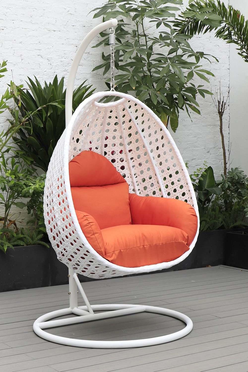 LeisureMod White Wicker Hanging Single Egg Swing Chair with Cushions - Orange