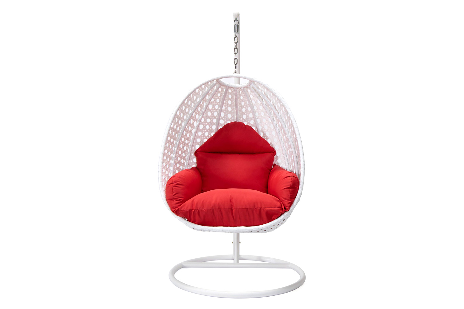 LeisureMod White Wicker Hanging Single Egg Swing Chair with Cushions - Red